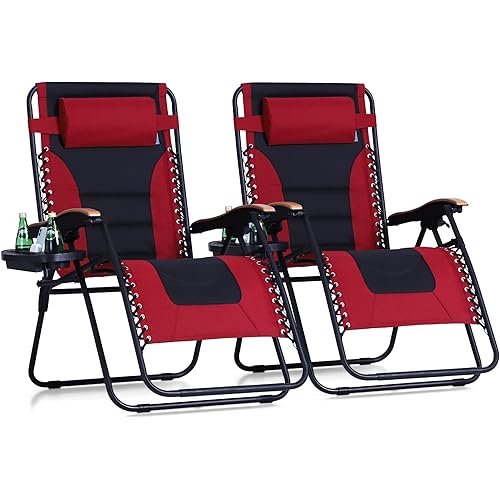 PHI VILLA XXL Oversized Padded Zero Gravity Chair, Foldable Patio Recliner, 30" Wide Seat Anti Gravity Lounger with Cup Holder, Set of 2, Support 400 LBS (Red)