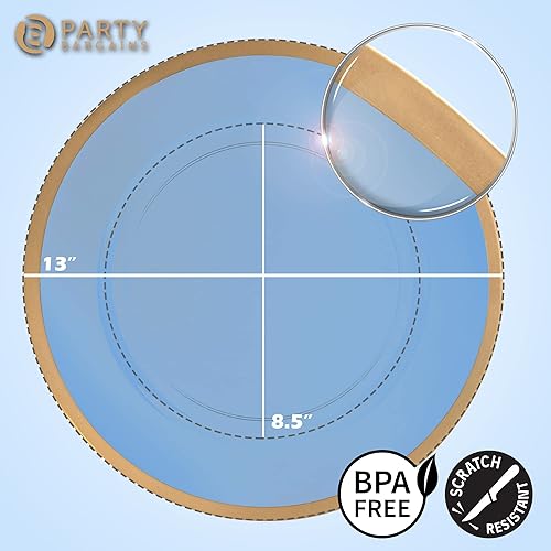 Miniatura 2 de Paquete de 8 platos azules con borde dorado, cargadores de plástico desechables y reutilizables redondos de 13 pulgadas para bodas, eventos y