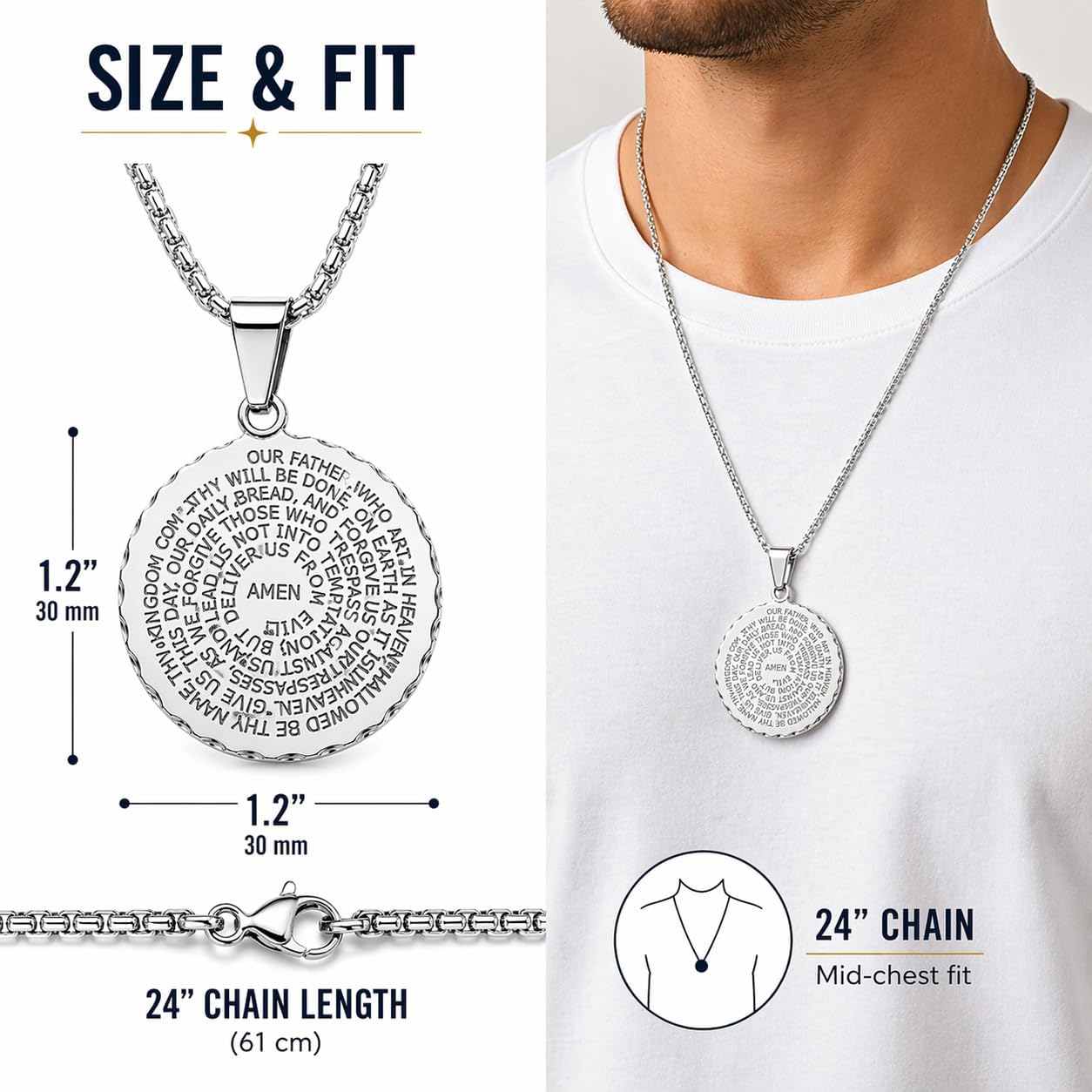 Steeltime Stainless Steel Lords Prayer Necklace with Simulated Diamonds