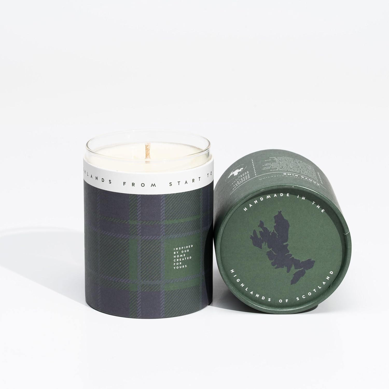 Scots Pine Candle 100% Natural Soy Wax (Peppermint, Orange and Patchouli) Elegant Tartan Packaging, Handmade in Scotland (White)