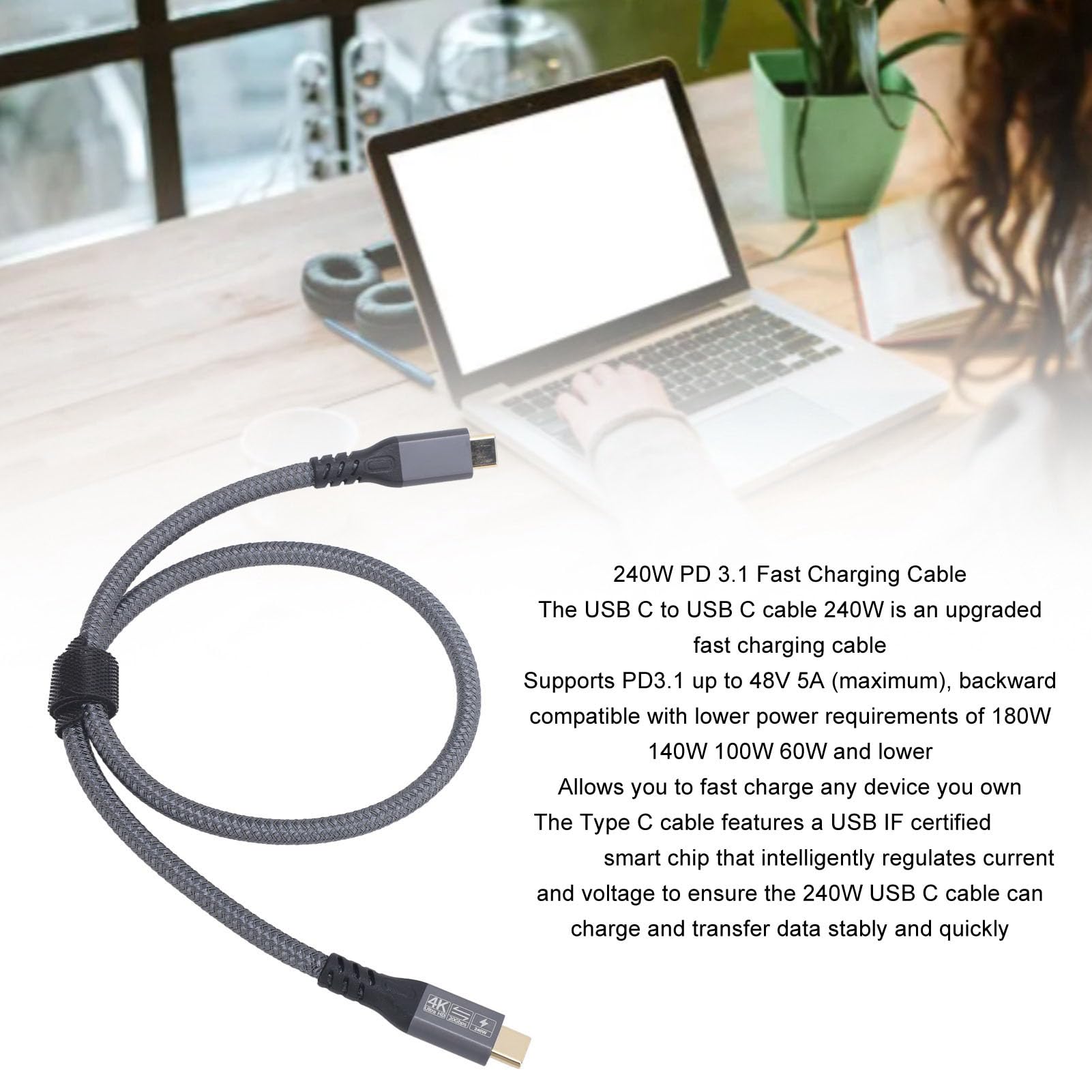 Kabel USB C na USB C, Kabel USB C 3.2 Gen 2, Obsługuje Transfer Danych 20 Gb/s i Szybkie ładowanie 240 W, Kabel Monitora z Wyjściem Wideo 4K 60 Hz. (0,5 m / 1,6 stopy)