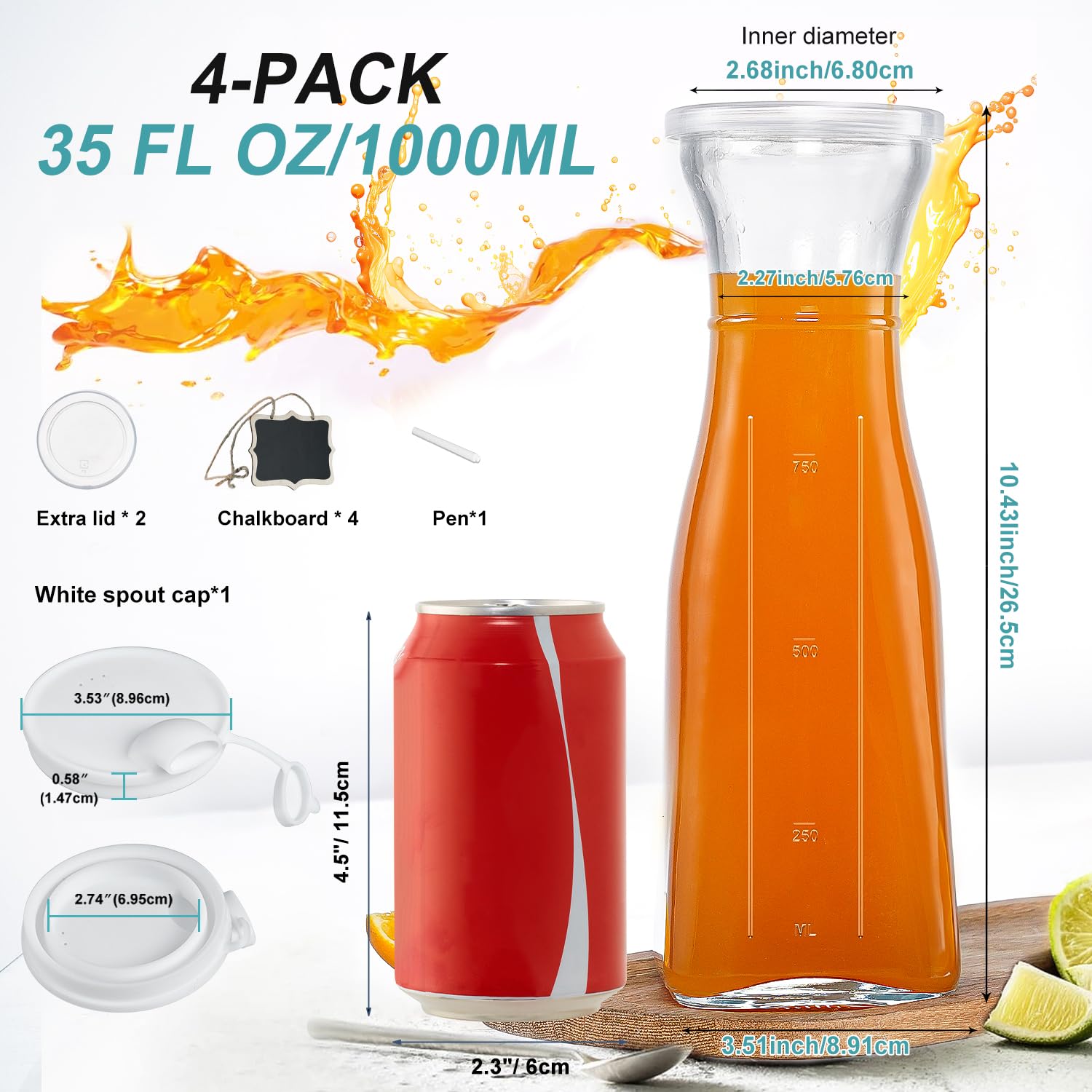Szklane dzbanki do karafki na wodę z pokrywkami i 2 wylewkami, pojemniki na sok na mleko 900 ml do lodówki, szklane dzbanki na sok, z tablicami wielokrotnego użytku, do baru Mimozy, na imprezę