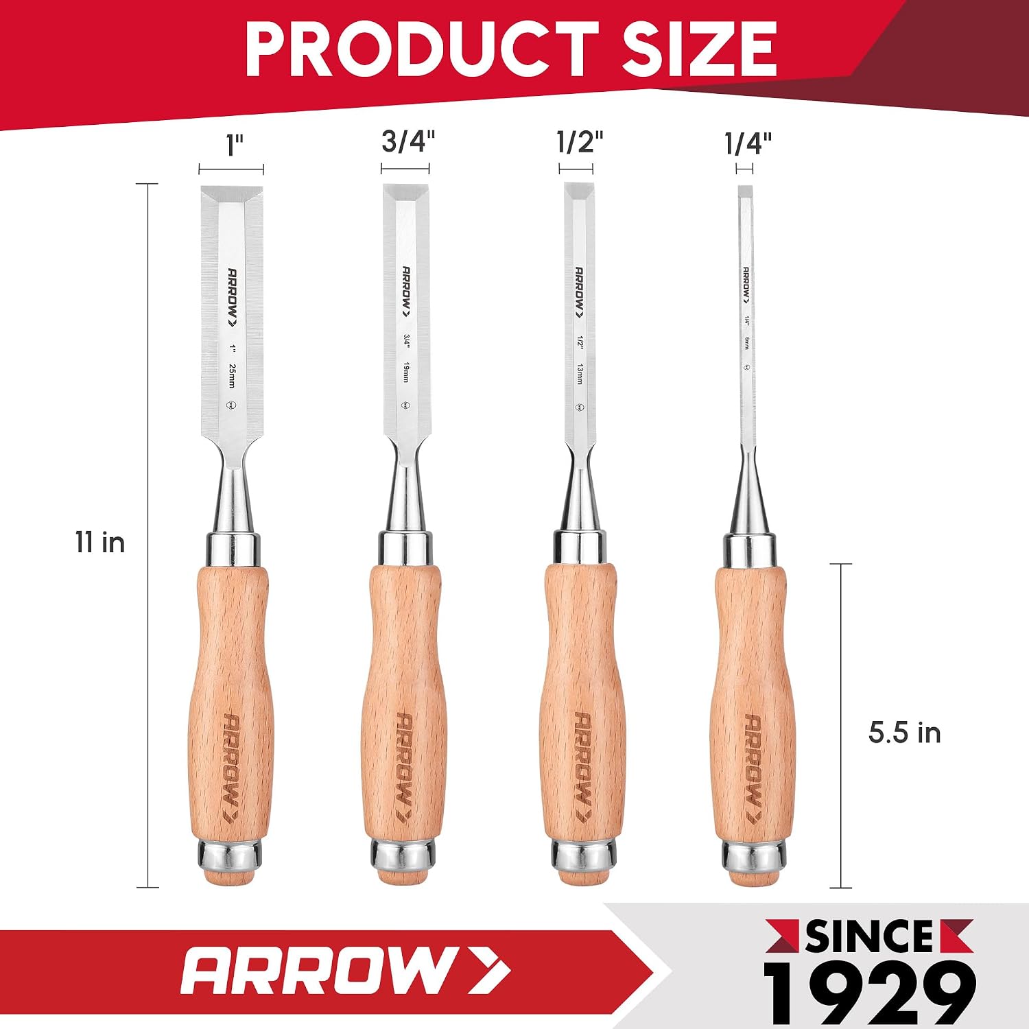 ARROW Wood Chisel Set, 4PCS CR-V Steel Chisel Tools with Beveled Edge and Ergonomic Beech Wood Handle, Carpenter Wood Carving Tools for Woodworking and DIY Enthusiasts(1/4", 1/2", 3/4", 1")