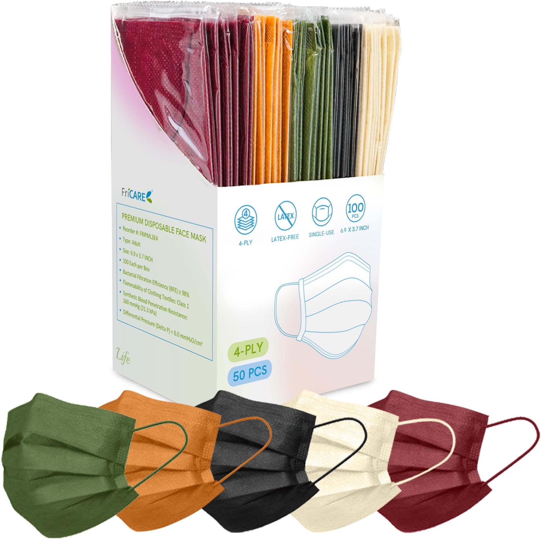 FriCARE Face Masks Disposable for Adults, 4 Ply ASTM Level 3, Individually Wrapped Mask for Allergy Protection, 50 Pack, Assorted Fall