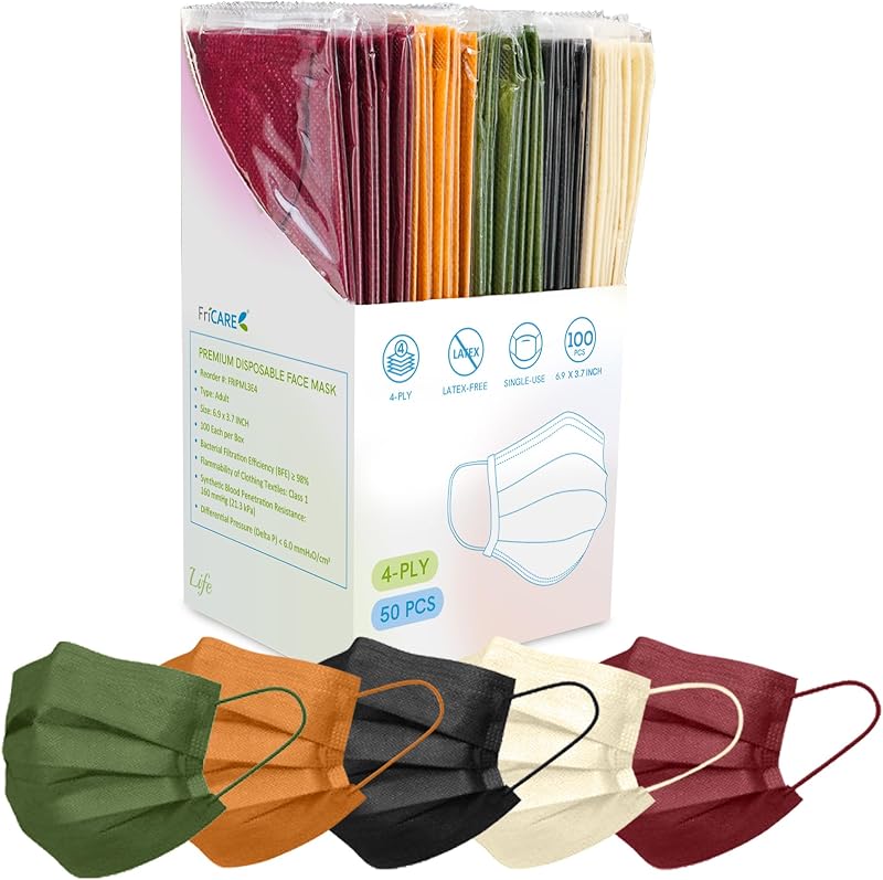 FriCARE 4 Ply Face Masks Disposable 50 Pack Individually Wrapped for Adult | ASTM Level 3 Medical Grade Protection for Allergy/Office/School/Travel/Daily Work/Home/Outdoors, 5 Colors Assorted Fall