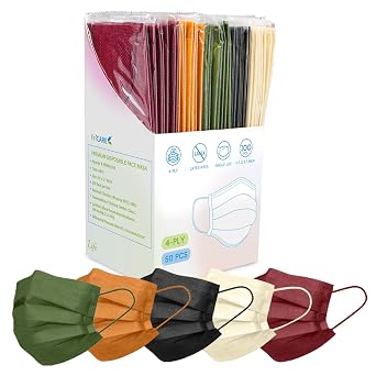 FriCARE Face Masks Disposable for Adults, 4 Ply ASTM Level 3, Individually Wrapped Mask for Allergy Protection, 50 Pack, Assorted Fall
