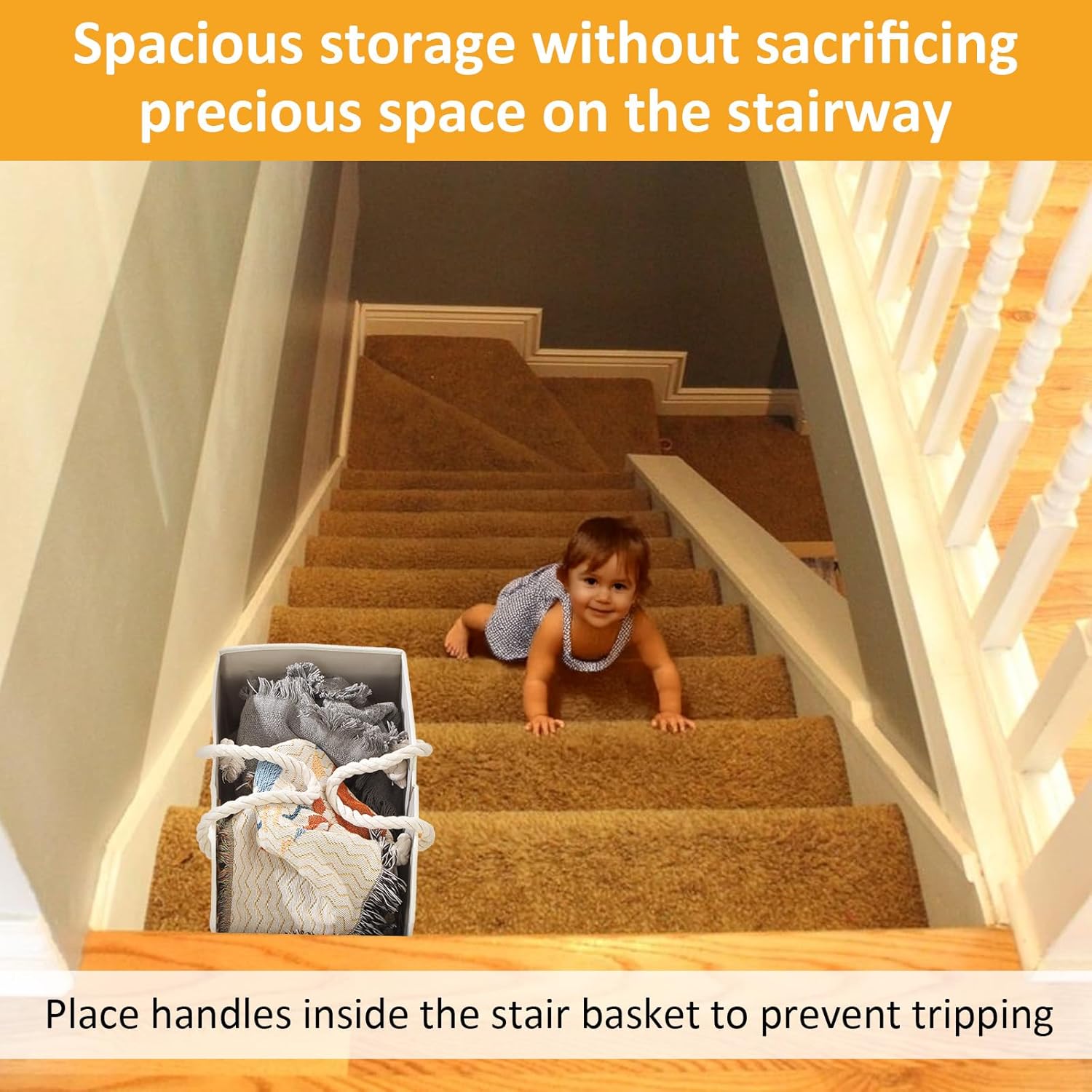 Stair Basket for Stairs with Handle, Staircase Baskets for Carpeted and Wooden Stair,16" Step Storage Laundry basket for Stairs, Toys, Clothes, Books, Tools, Magazine, with Hard Board, Anti-slip