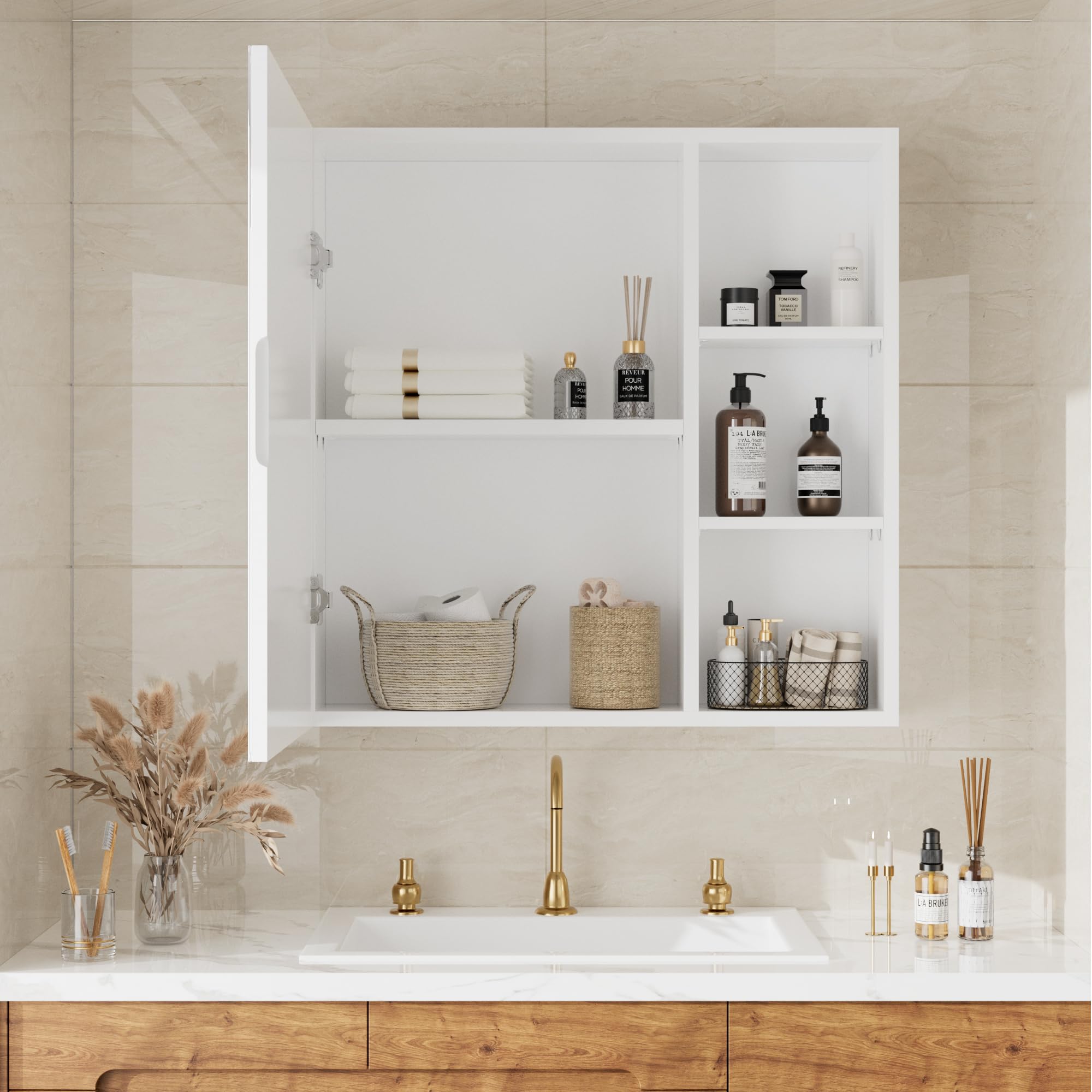 Armoire Salle De Bain Avec Miroir - Meuble Suspendu Blanc 60cm - Rangement Pratique