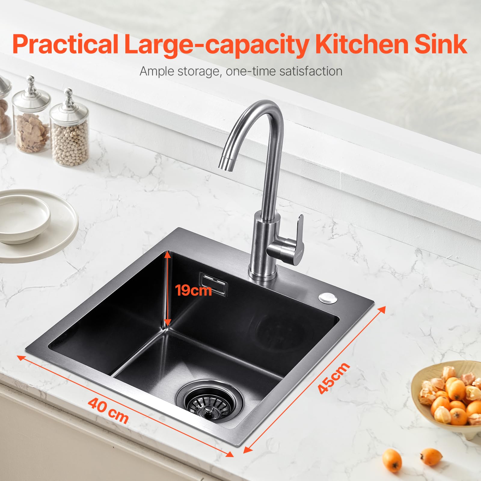 VEVOR Lavello da Cucina da 40 cm Lavello da Cucina in Acciaio Inossidabile 304 con Montaggio dall'Alto, Lavello Singolo da Incasso in Stile Country con Accessori, Lavello Domestico per Camper, Nero
