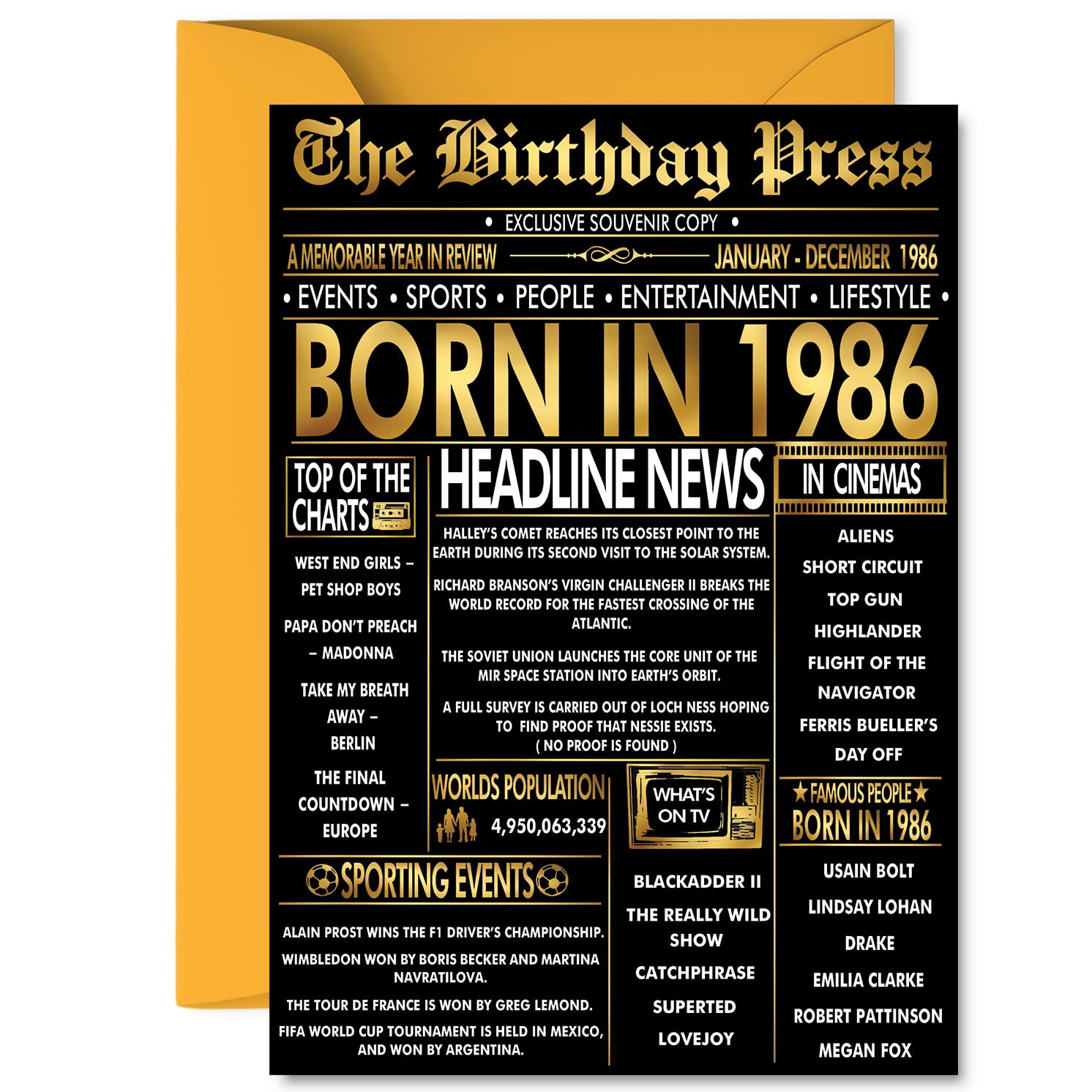 Gold 40th Birthday Card for Men Women - Black & Golden Newspaper Born in 1986 - Happy 40 Birthday Cards for Son Brother Husband Auntie Wife Nephew, A5 Bday Greeting Cards