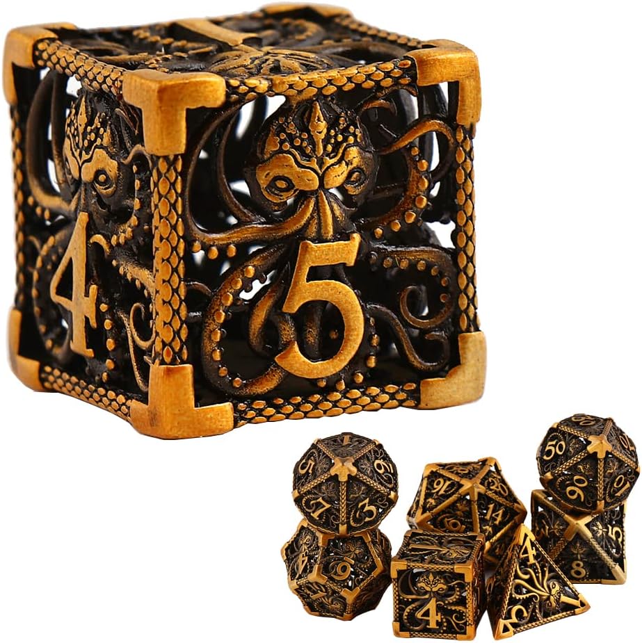 Metal Dice DND Dice Set D&D RUNFNG 7 die Cthulhu Polyhedral Hollow Dungeons and Dragons Dice Large for MTG, RPGs Role Playing Game, Shadowrun and Math Teaching D20 D12 D10 D8 D6 D4 with Metallic Box