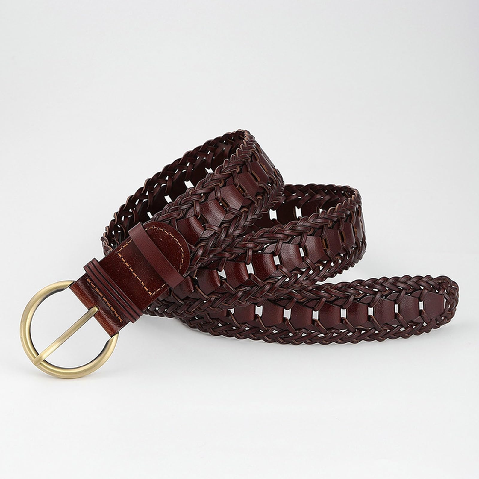 Mujer Cinturón De Piel Trenzada a Mano 3,8cm De Ancho Totalmente Ajustable Cinturones Hueca con Hebilla Redonda Dorada(110cm/43, Red)