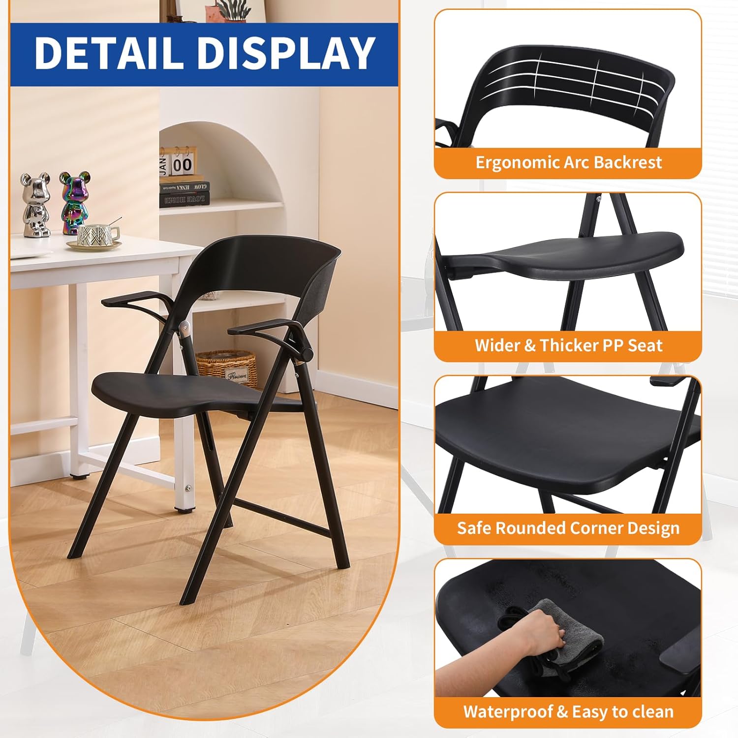 Folding Office Chair, Plastic Folding Chairs with Detachable Armrest, Stackable Dining Chairs, Portable Foldable Chair for Indoor, Outdoor, Wedding, Party, Picnic, Yard, Garden (Black, 2Pack)