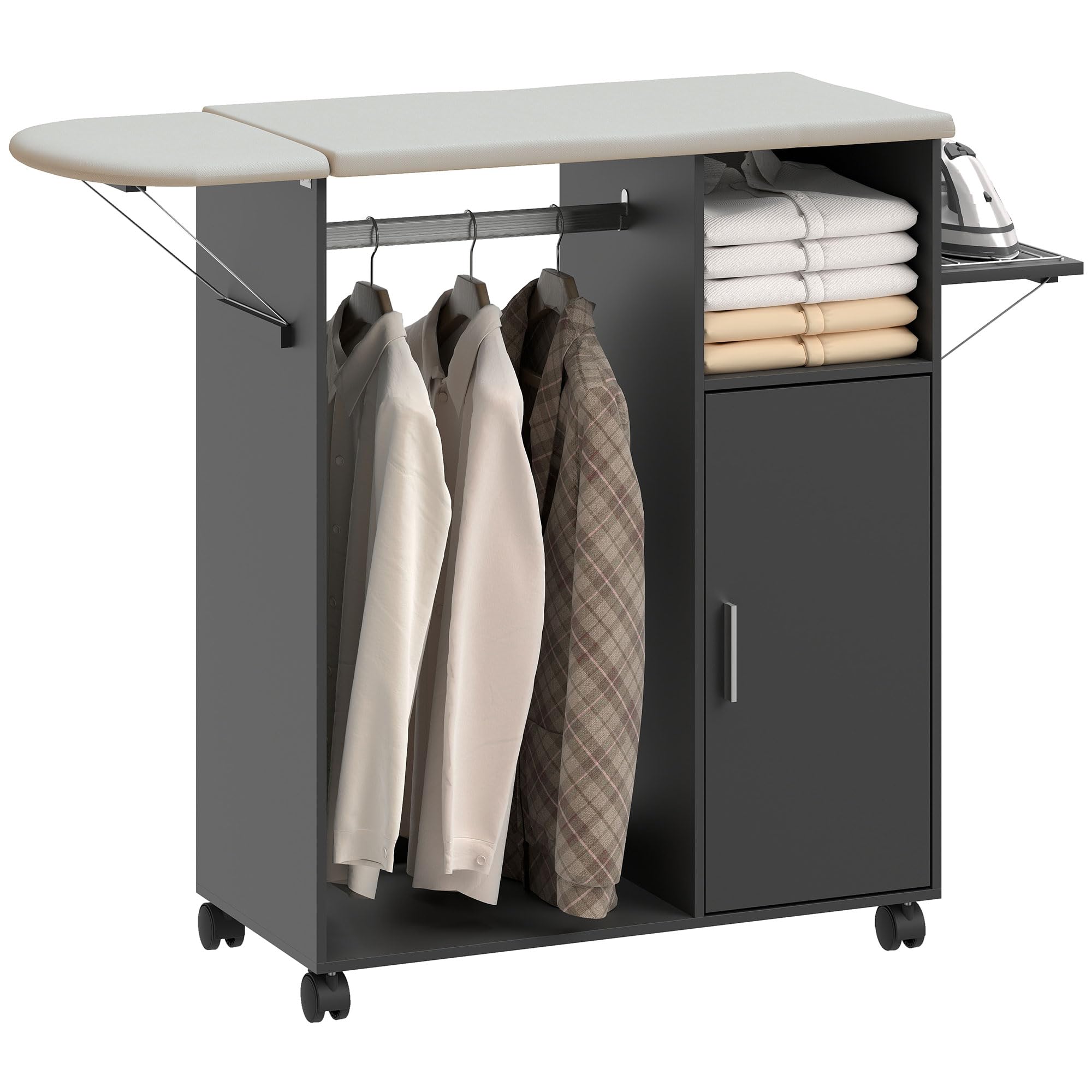 Table à repasser pliable HOMCOM avec roulettes à frein et étagères pour buanderie
