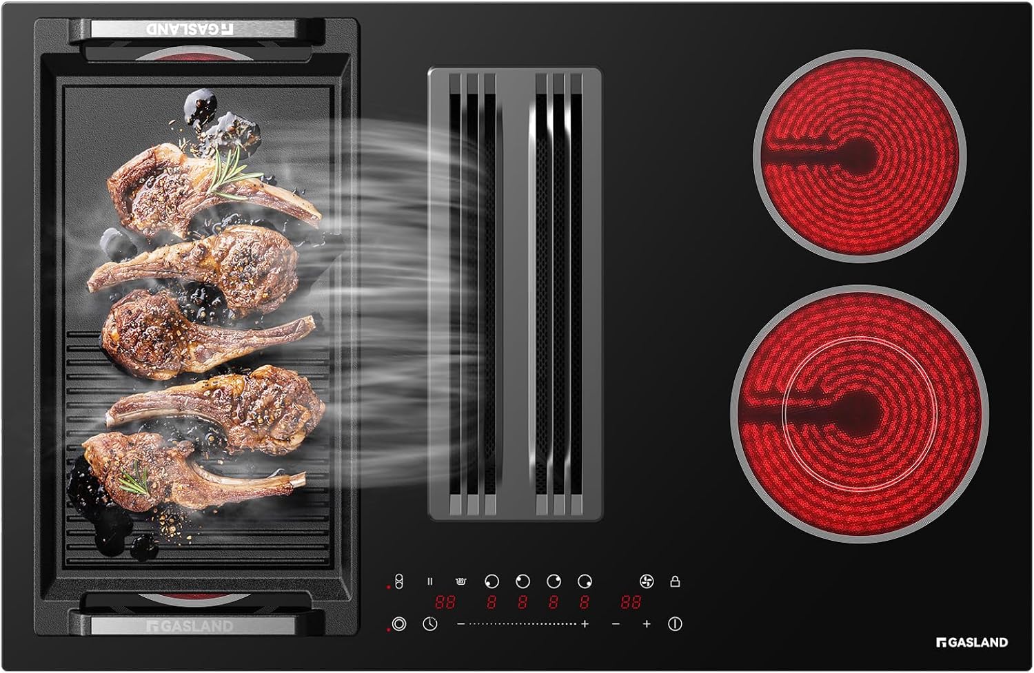 GASLAND Electric Downdraft Cooktop 31.5 Inch(80cm), 4 Burners Glass Radiant Stovetop 220V, 3-speed Max. 330 CFM Downdraft Exhaust