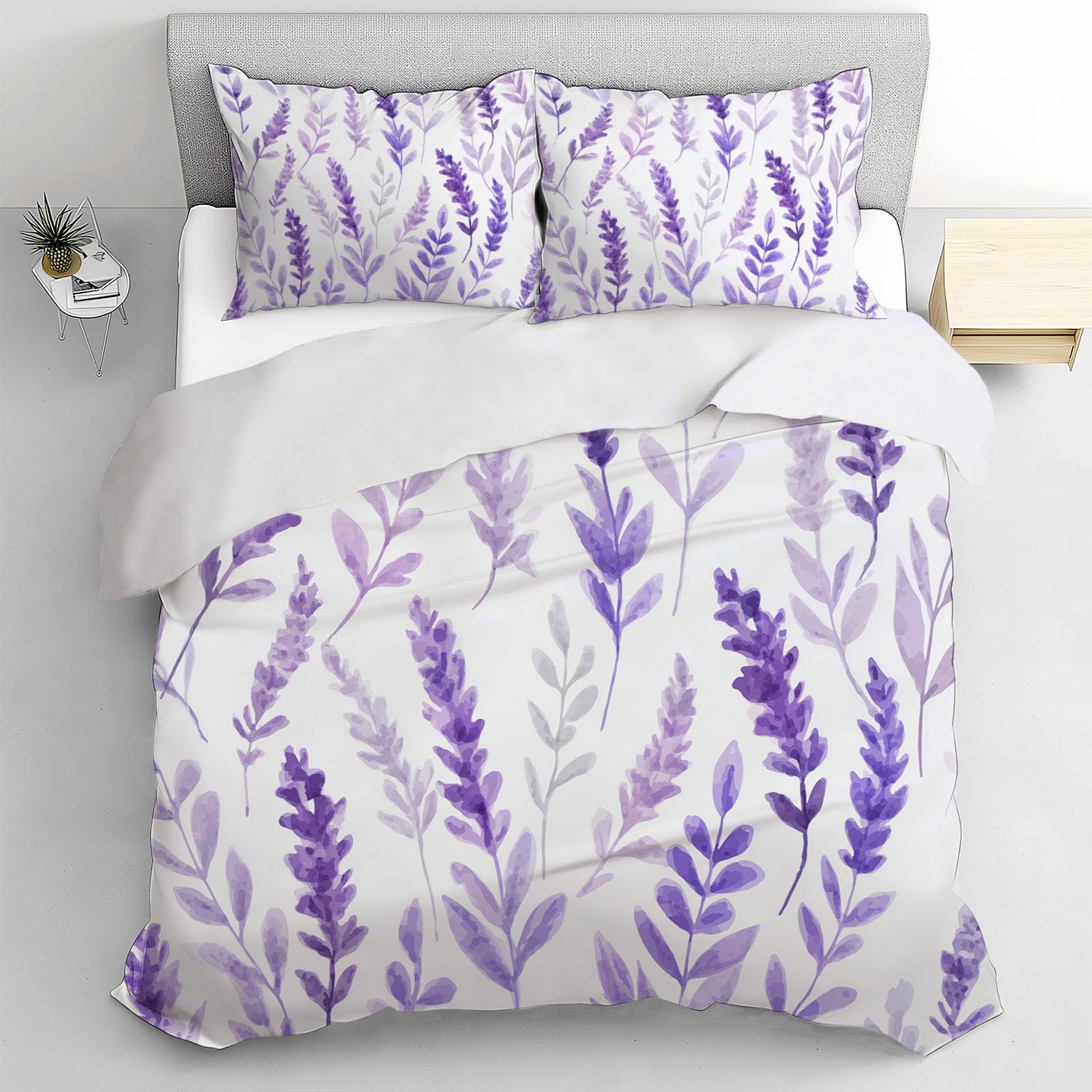 Housse de couette 220x240cm lavande aquarelle violette en microfibre avec 2 taies d'oreiller