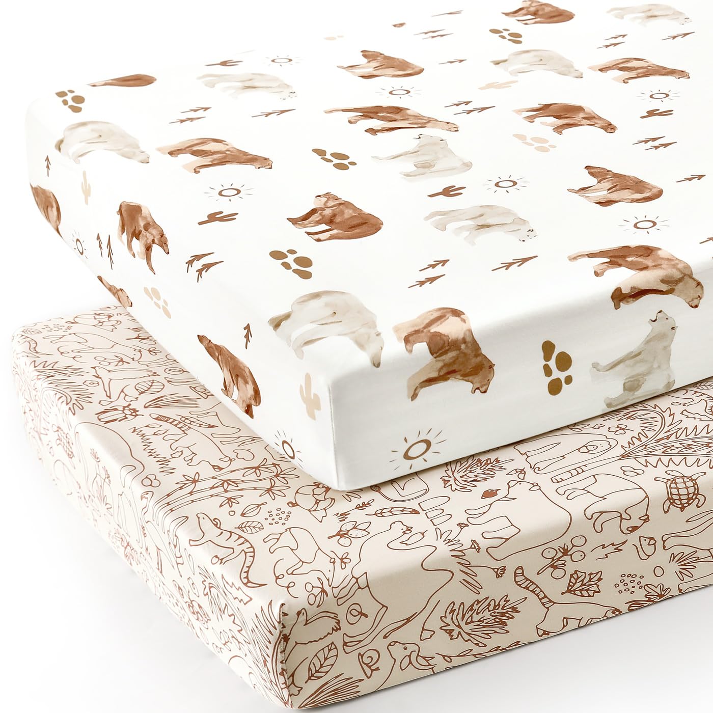 Juego de 2 sábanas bajeras elásticas de punto jersey ultra suaves para cuna, ajuste universal, seguro y cómodo, sábana bajera ajustable para cuna para niños y niñas, bonito estampado de animales