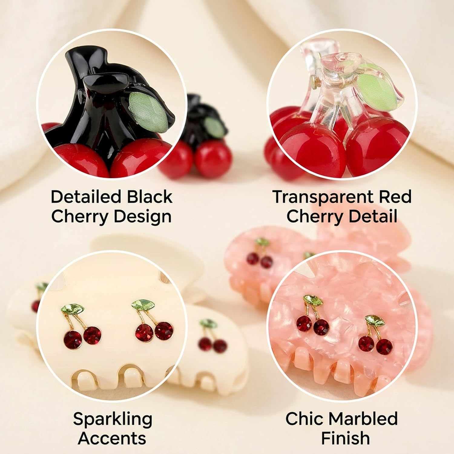 4 Piece Hair Accessories with Transparent Red Cherry and Black Cherry Designs, Cherry Hair Clip and Cherry Claw Clip Set,Cherry Hair Clip and Cherry Claw Clip Collection