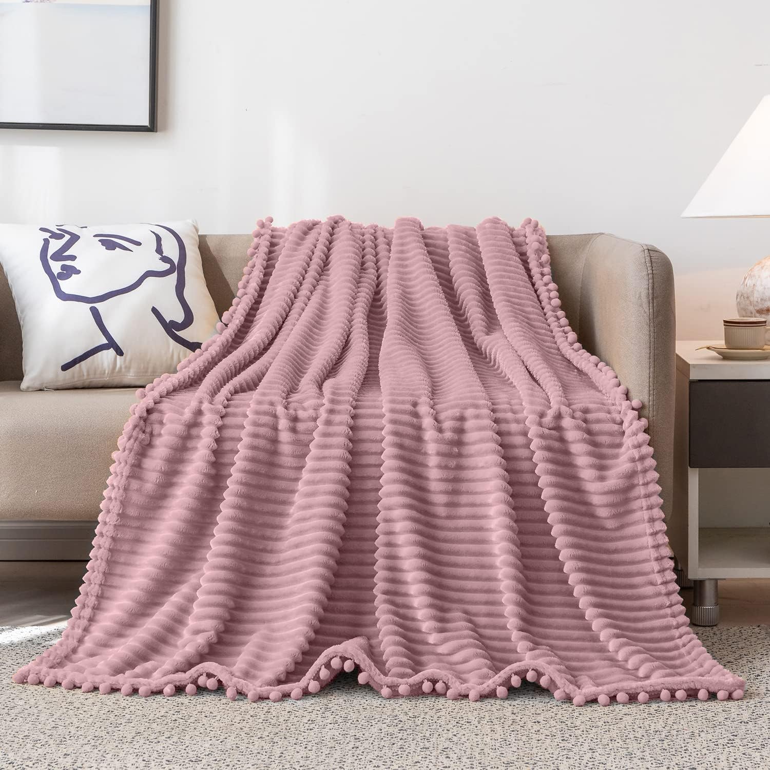 DISSA Fleece Blanket Throw Size – 51x63, Pink – Soft, Plush, Fluffy, Fuzzy, Warm, Cozy – Perfect Throw for Couch, Bed, Sofa - with Pompom Fringe - Flannel Blanket Throw Blanket - Image 2