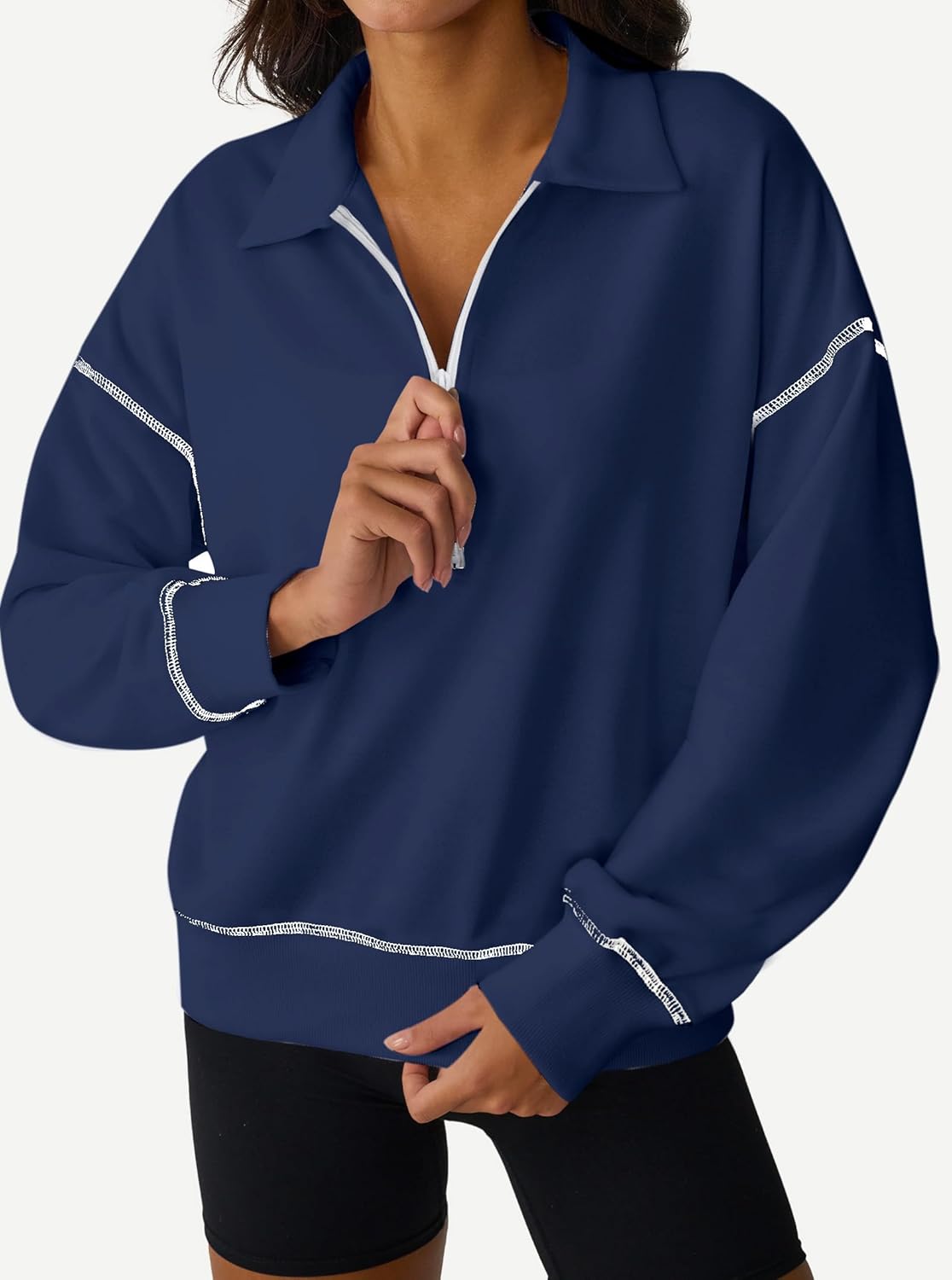 Remidoo Women's Half Zip Sweatshirt Cropped Sweatshirts Constrast Trim Long Sleeve Pullover - Image 5