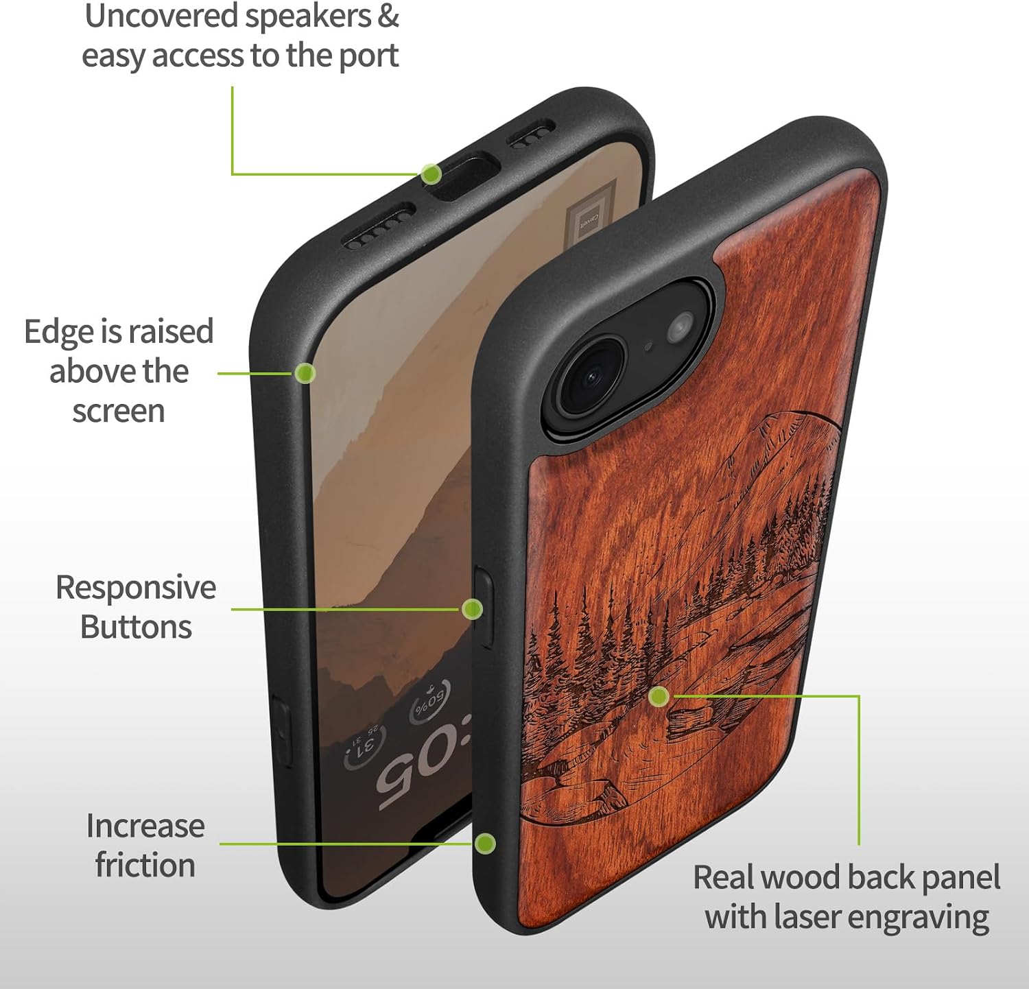 Carveit Magnetic Wooden Case for iPhone 16e / 17e, Solid Wood & Black TPU, Artisan Engraved Design, Shockproof Cover, Compatible with MagSafe Wireless Chargers, Lake and Mountain - Rosy