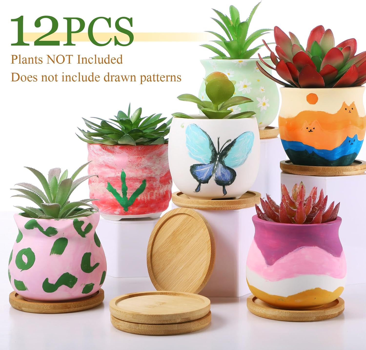 Remerry 12 Pcs 3.5 Inch Mini Succulent Pots with Bamboo Tray White Ceramic Pots Color Your Own DIY Small Planters Containers for Flower Cactus with Drainage Hole for Plant Lover