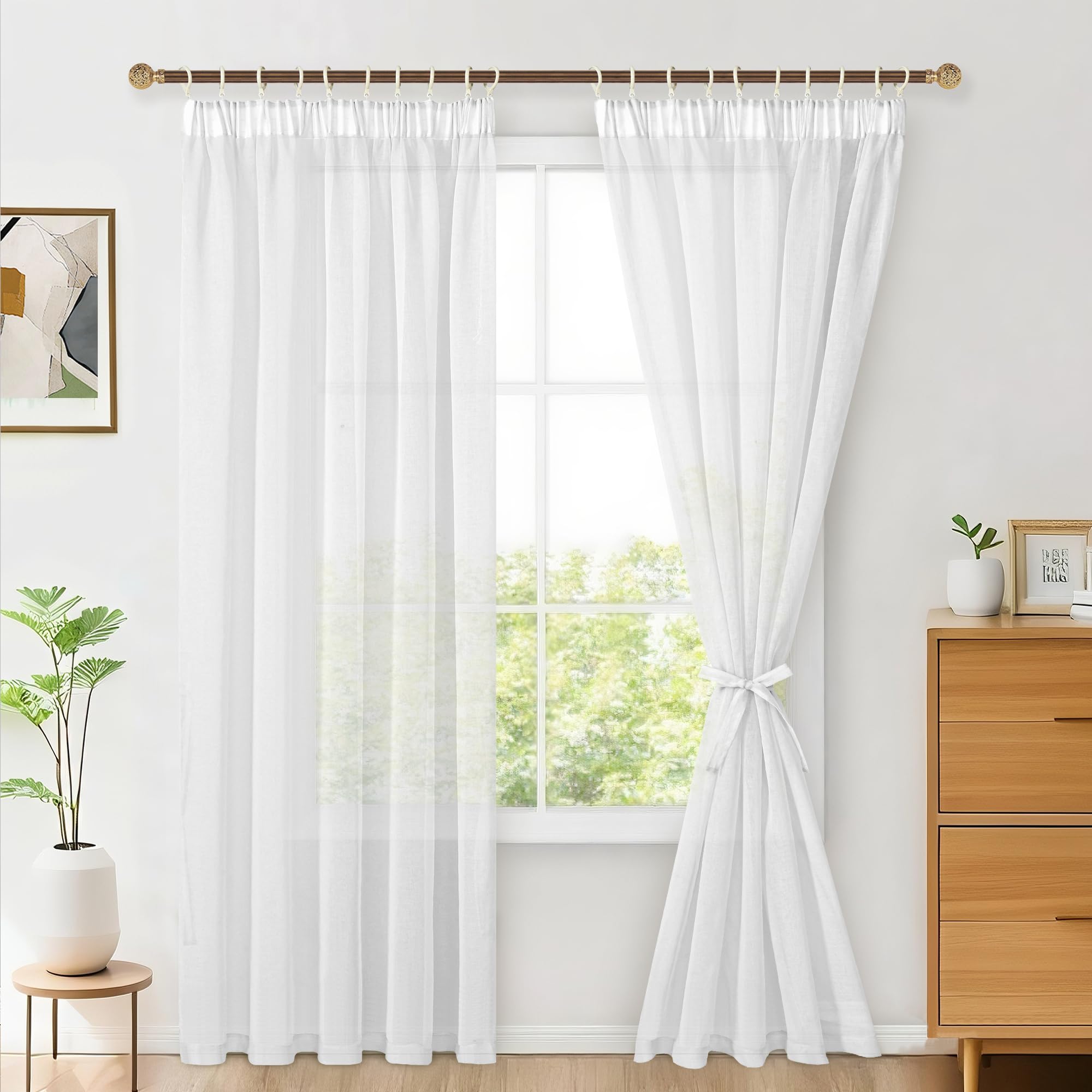 Hiasan 2er Set Sheer Voile gardinen vorhänge gardine Wohnzimmer mit Kräuselband Curtains scheibengardinen Vorhang Transparente Durchsichtig Luftig Dekoschal für Schlafzimmer 245x140cm(HxB) Weiß