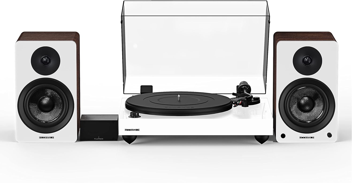 Fluance Reference RT82 High Fidelity Vinyl Turntable (White), PA10 Phono Preamp, Ai41 Powered 5" Bookshelf Speakers (White Walnut), Ortofon OM10 Cartridge, 90W Class D Amplifier, Bluetooth