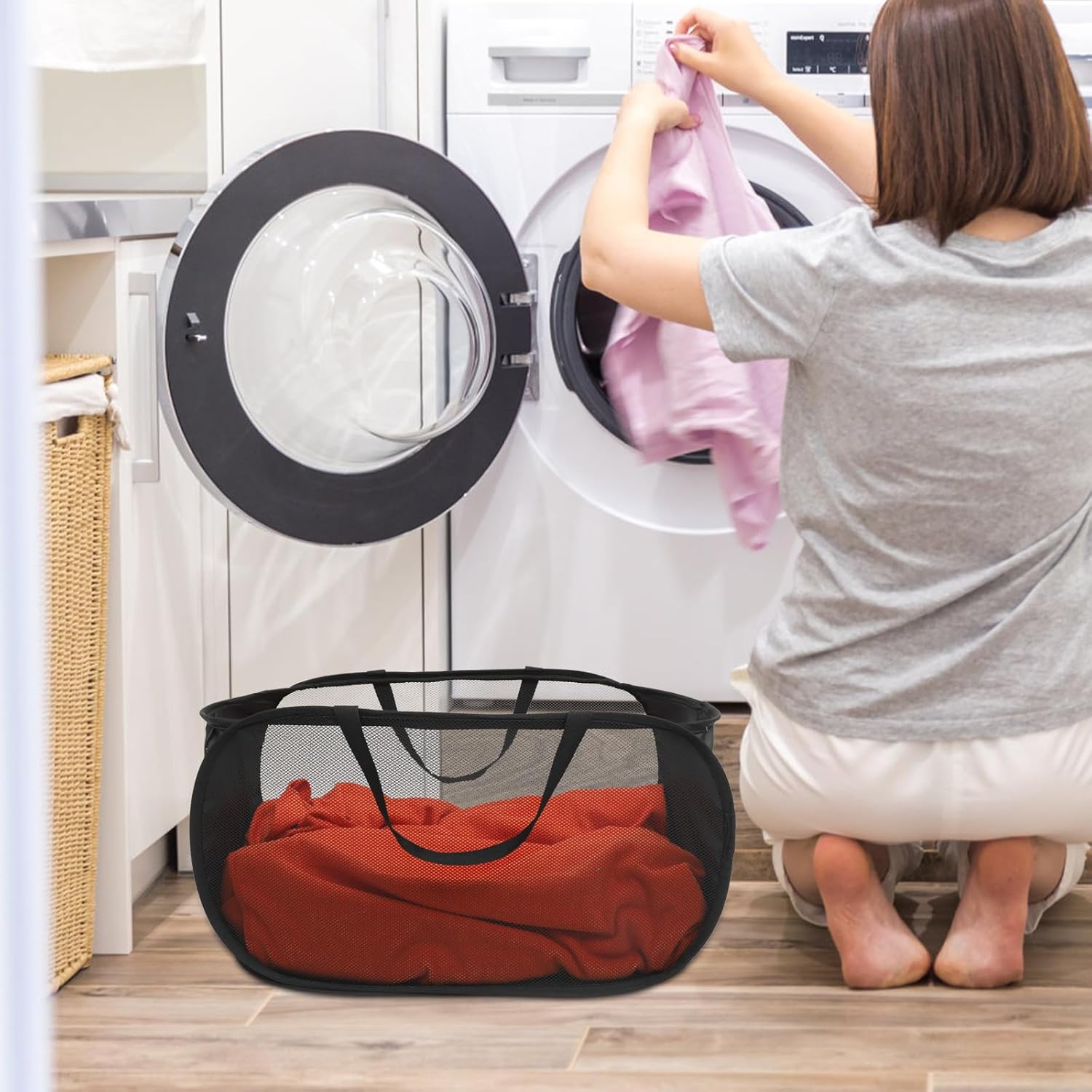 Large Foldable Mesh Laundry Basket with Handle, Pop-up Collapsible Dirty Clothes Hamper for Storage and Home Organization, Lightweight Breathable Laundry BagNO.5196