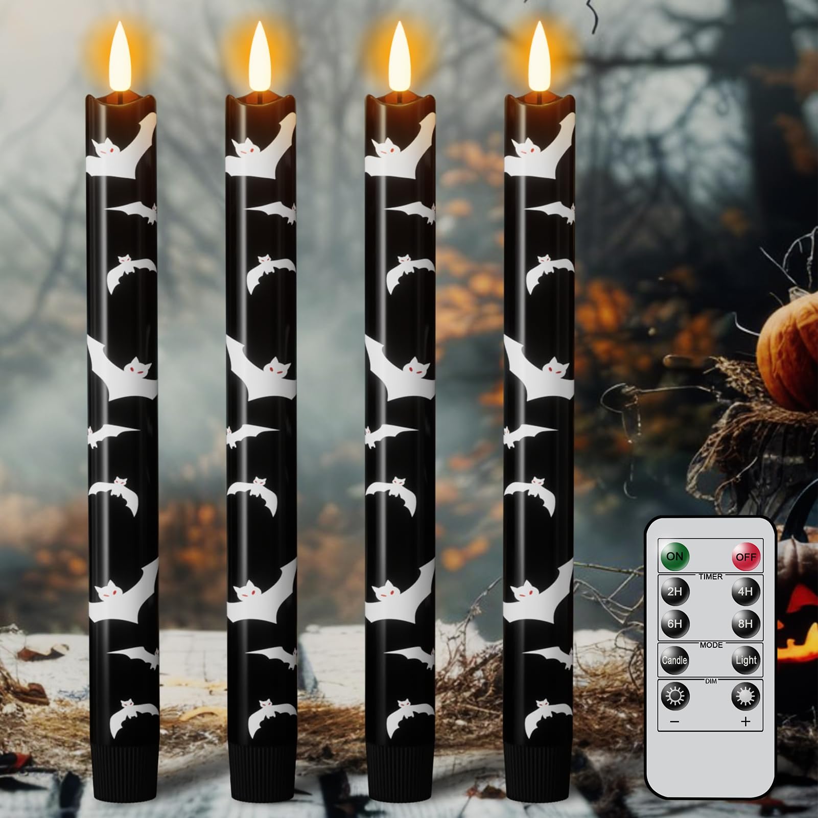 Eldnacele Halloween Bats Flameless Taper Candles Battery Operated with Remote Timer, Set of 4 Black Real Wax 3D Wick LED Flickering Candles Spooky Halloween Indoor Decor(0.78" D x 9.64" H)