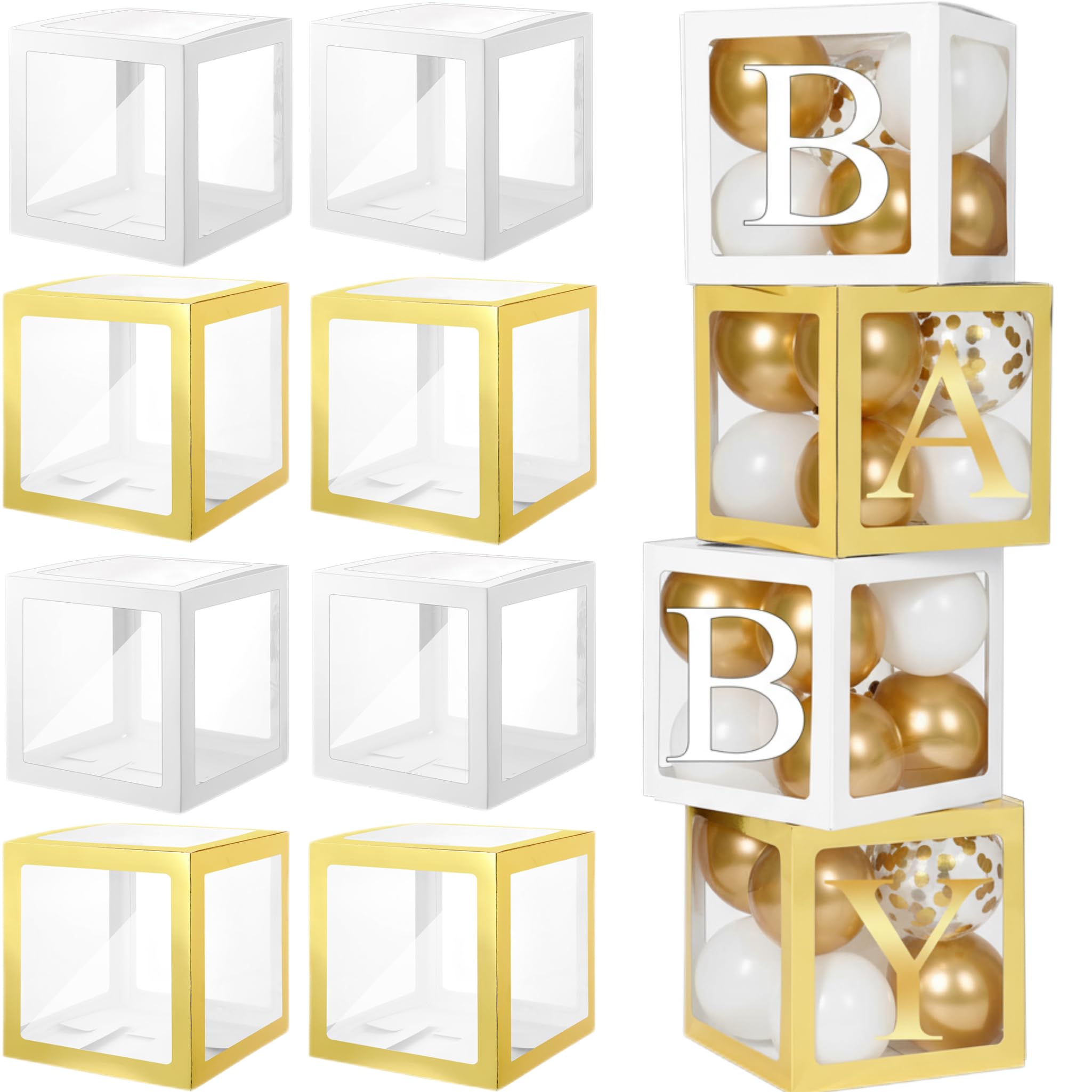 Barydat White Transparent Balloon Boxes,Gold Clear Baby Boxes with 66 Letters for Custom Name, Balloon Box Blocks Backdrop for Bride Shower Baby Shower Birthday Boy Girl Gender Reveal Graduation Party