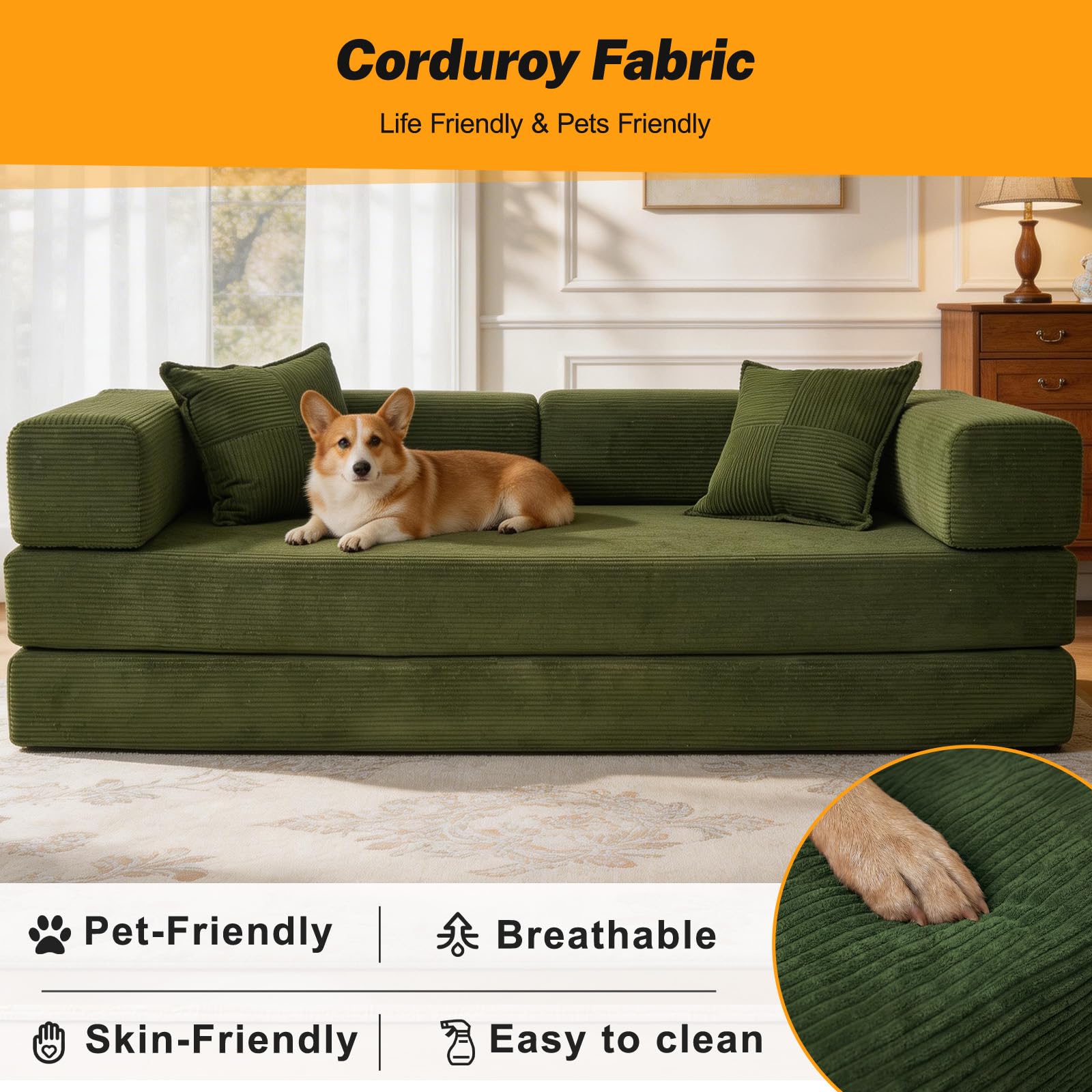 Vipbear Premium 5-in-1 Vielseitiges Rahmenloses Sofa, 160 cm, Ergonomisch Verwandelbarer 3-Sitzer mit Memory-Schaum, Ausklappbares Schlafsofa fürs Wohnzimmer