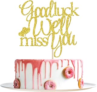 Good Luck We Will Miss You Cake Topper - Graduation, Retirement, Going Away, Relocation, Office Work, Farewell Party Decorations (Gold Glitter)