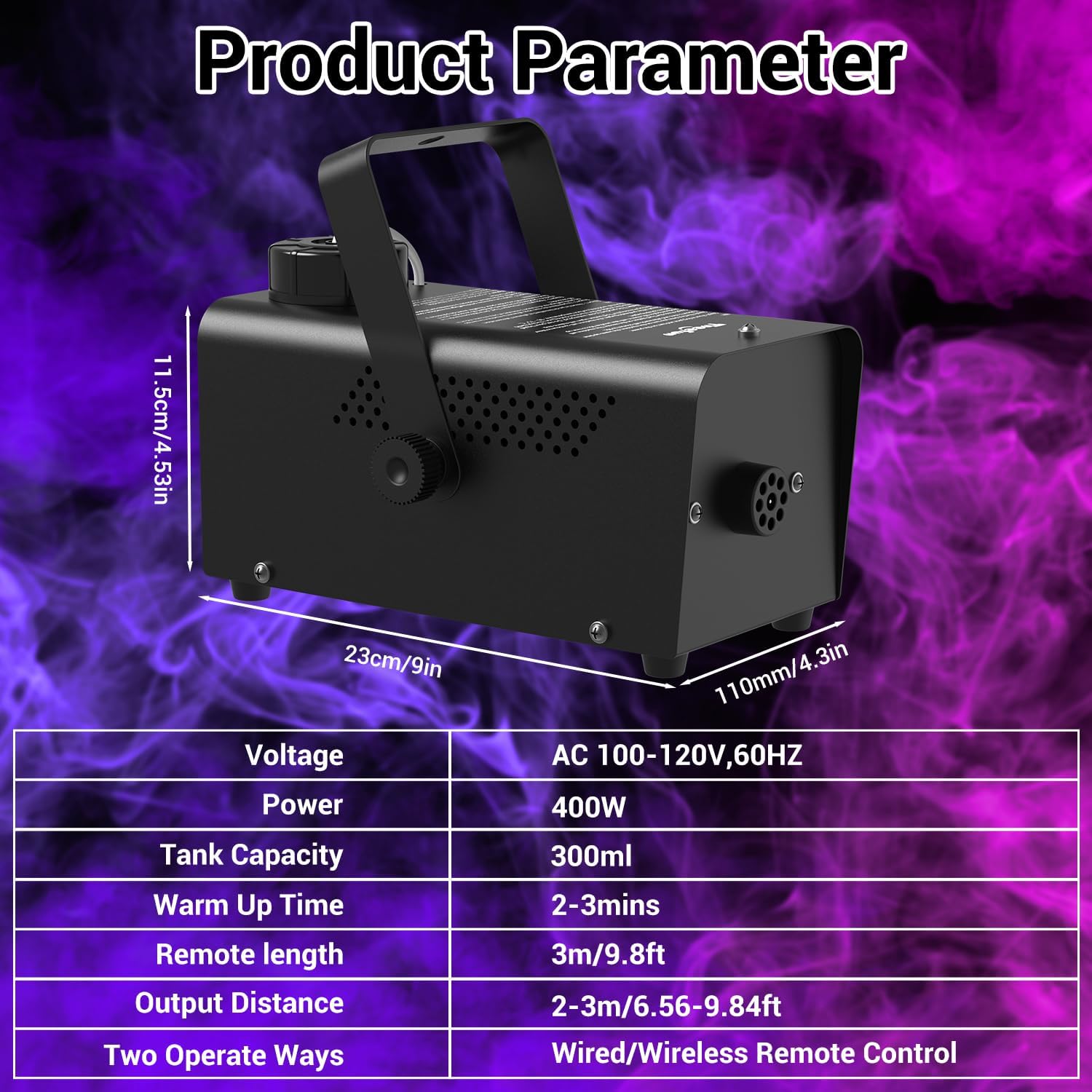 Theefun 400W Fog Machine with a table of product parameters including voltage, power, tank capacity, warm-up time, remote length, output distance, and two operate ways.