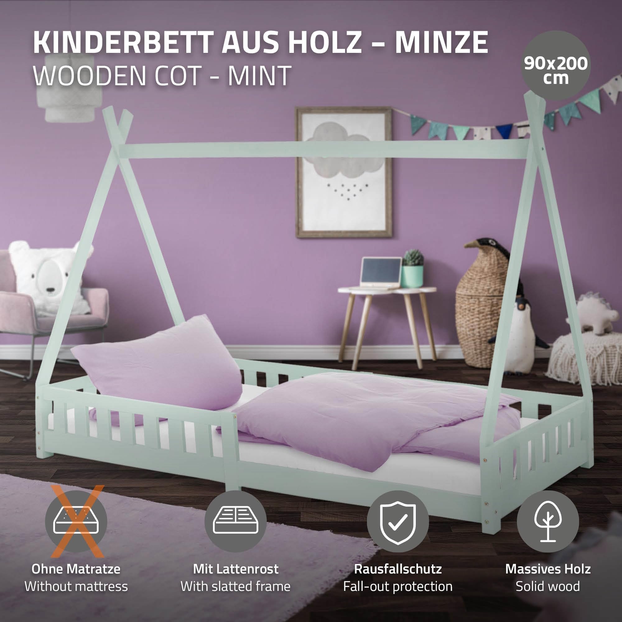 ML-Design Kinderbed Tipi 90x200 cm Wit met Matras & Lattenbodem, Indisch Bed van Massief Hout, Dennenhout, Huisbed voor Meisjes & Jongens, Kinderhuis Jeugdbed Houten Bed Speeltent