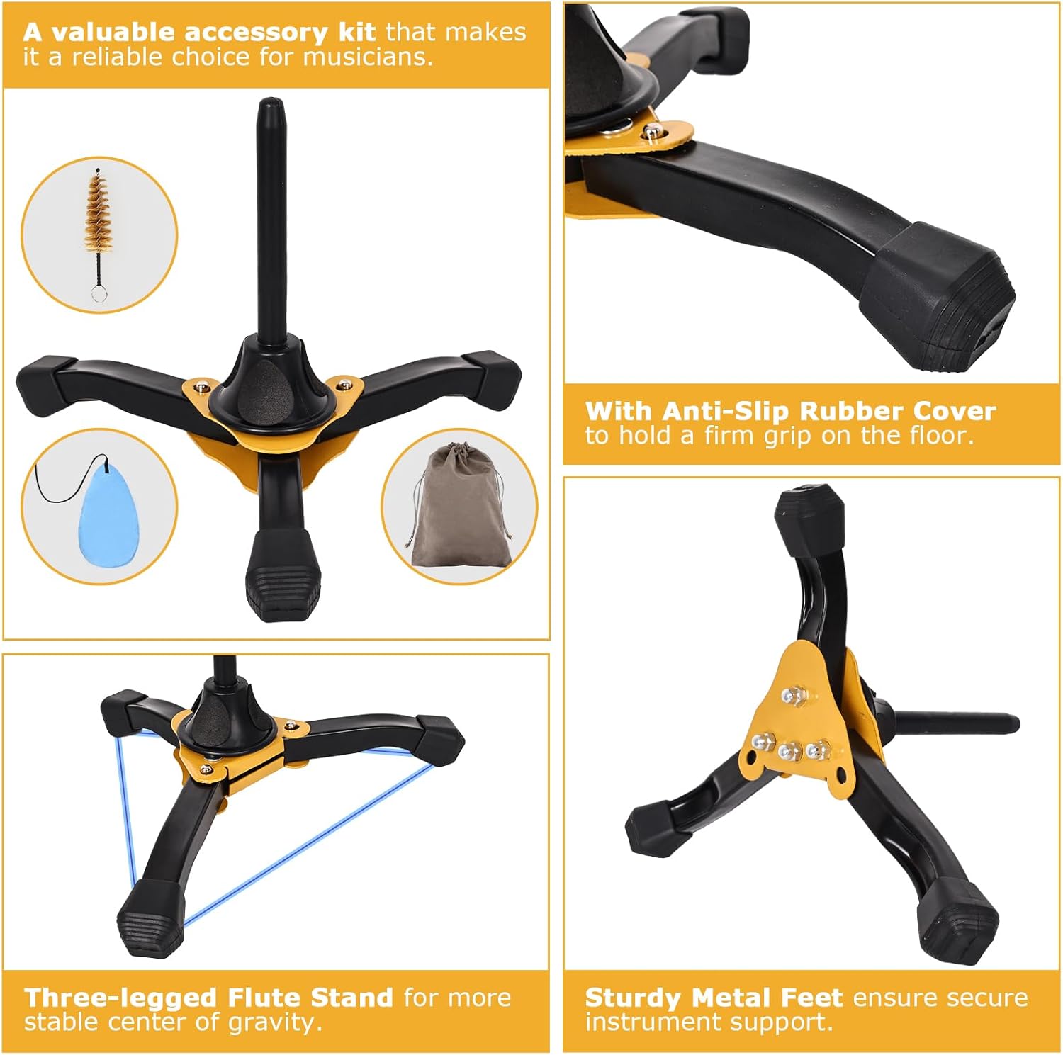 Clarinet Stand, Portable Flute Clarinet Stand with Flannel Bag,Clarinet Cleaning Cloth and Mouthpiece Brush, Foldable Flute Oboe Tripod Holder Stand Set, Combo 4Pack