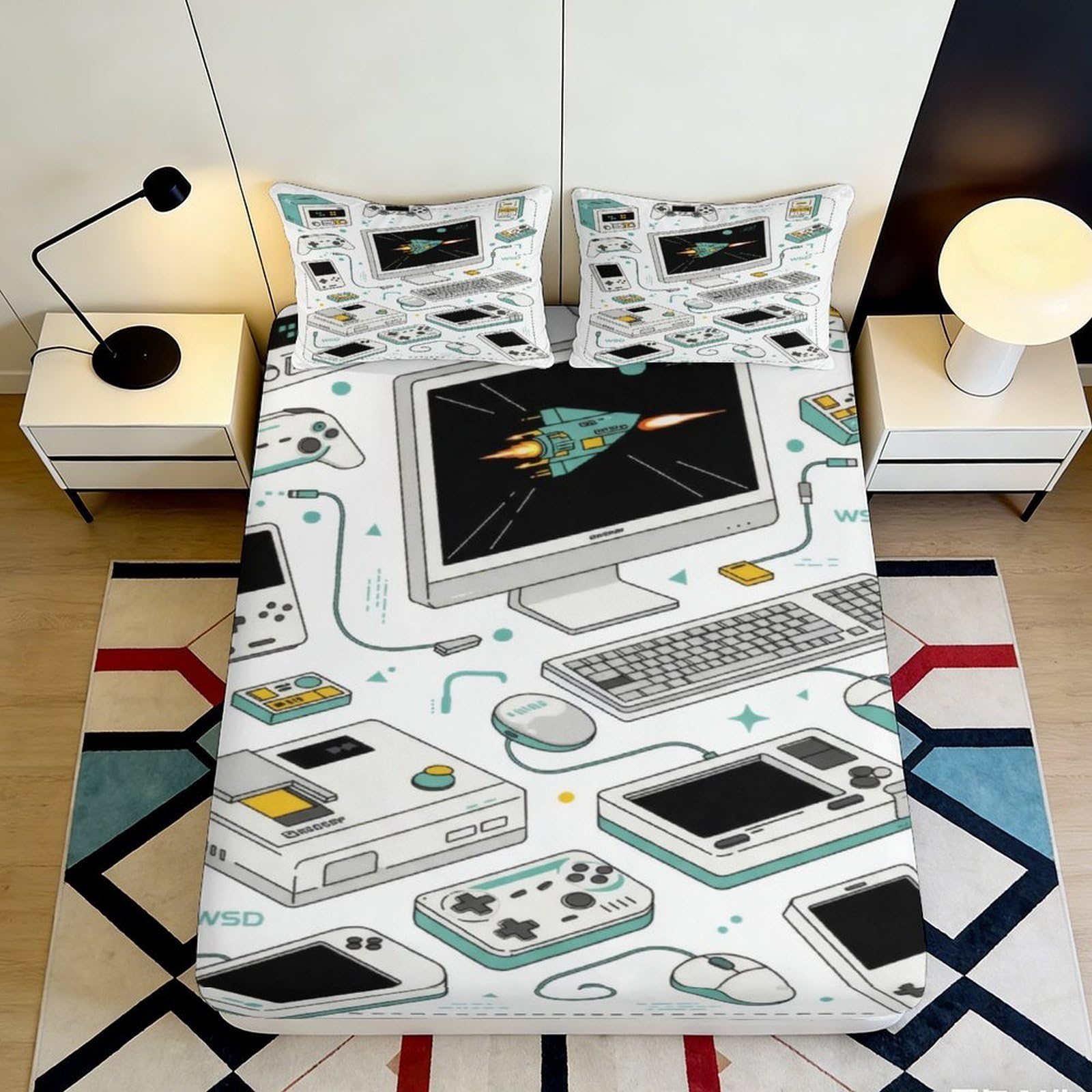 3D Printed Retro Game Console Fitted Sheet Microfiber Soft Anti-Slip Mattress Cover Bedroom Decor for Home Dorm 90x200x25cm