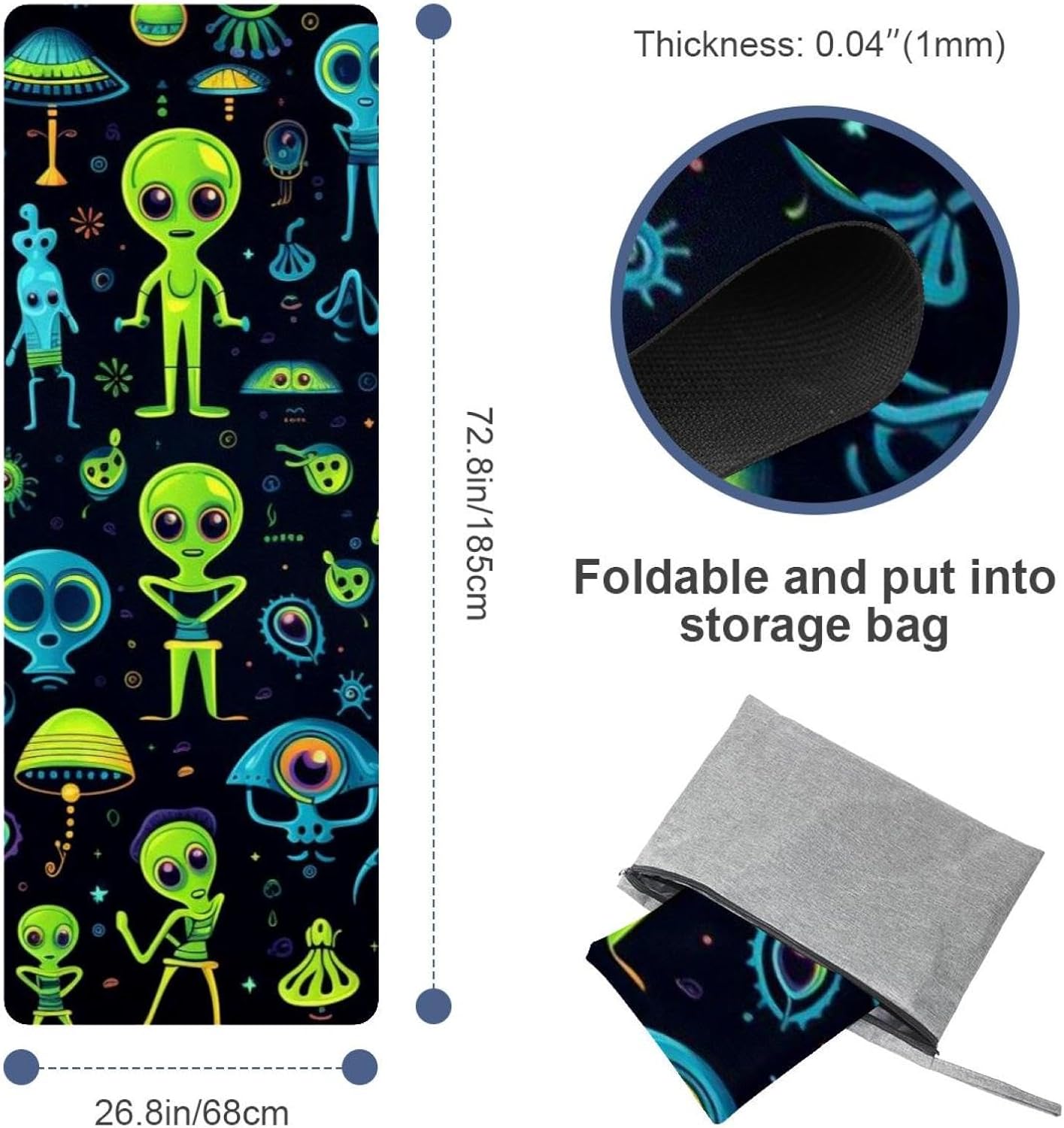 Yoga Towel, Outer Space Alien Pattern Non Slip Sweat Absorbent Hot Yoga Mat Towel for Hot Yoga, Pilates and Fitness - 72.8" x 26.8"