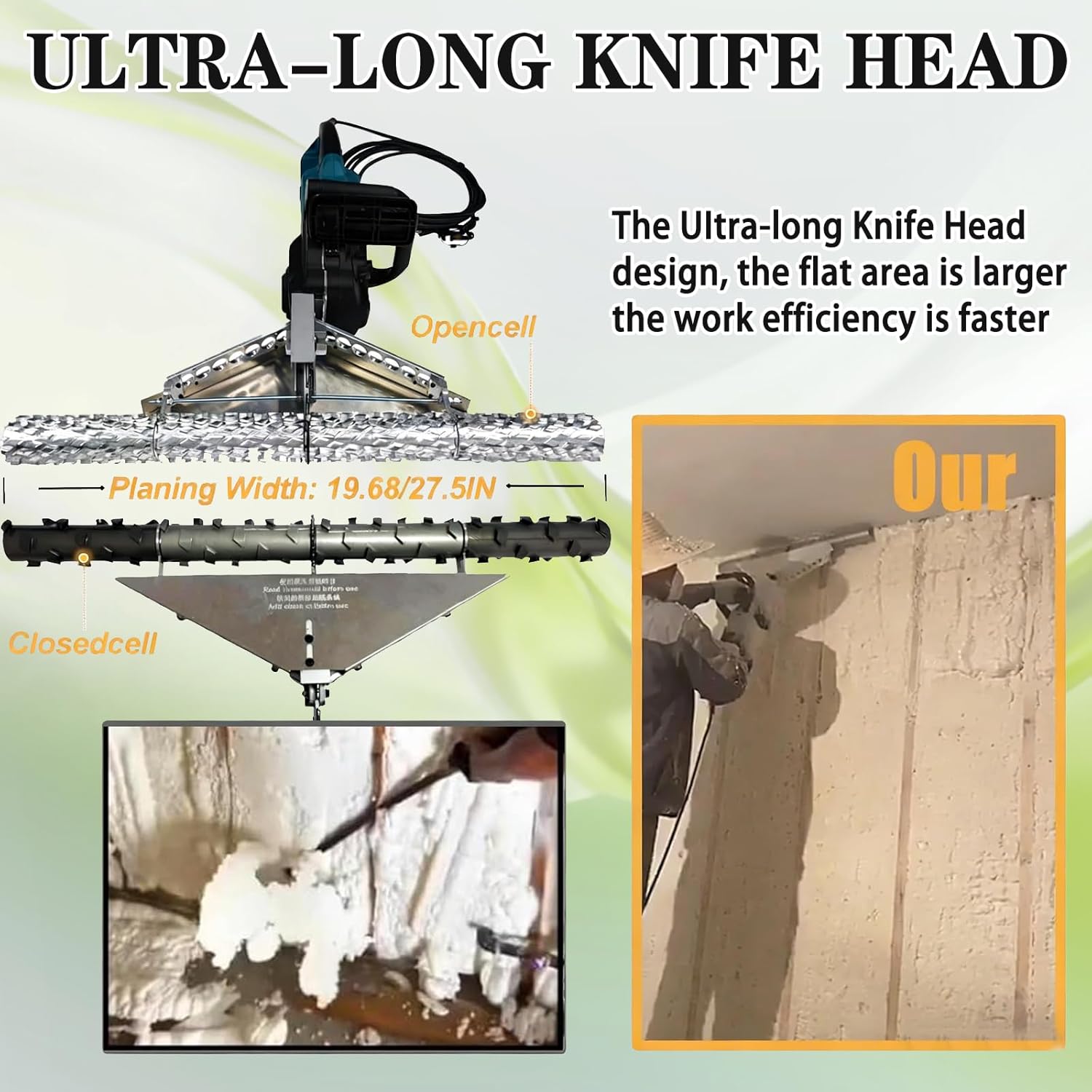 Electric Foam Planer 19.5''/27.5" 1800W, Insulation Cutting and Removal Tool for Polyurethane Spray Foam Trimming, Ensures Flat and Clean Wall Finish Closedhole 27.5'' / 70 cm