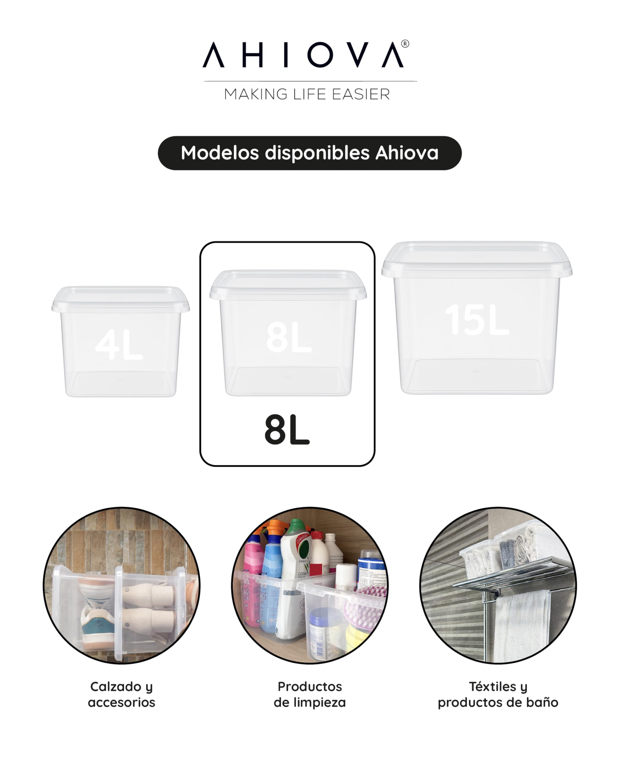 Cajas Almacenaje Plastico 8L con Tapa Set 5 Organizadoras Apilables 100% Transparentes Click Presión 33x24x15,5cm Hogar Baño Garaje Oficina BPA Free Fabricadas Europa