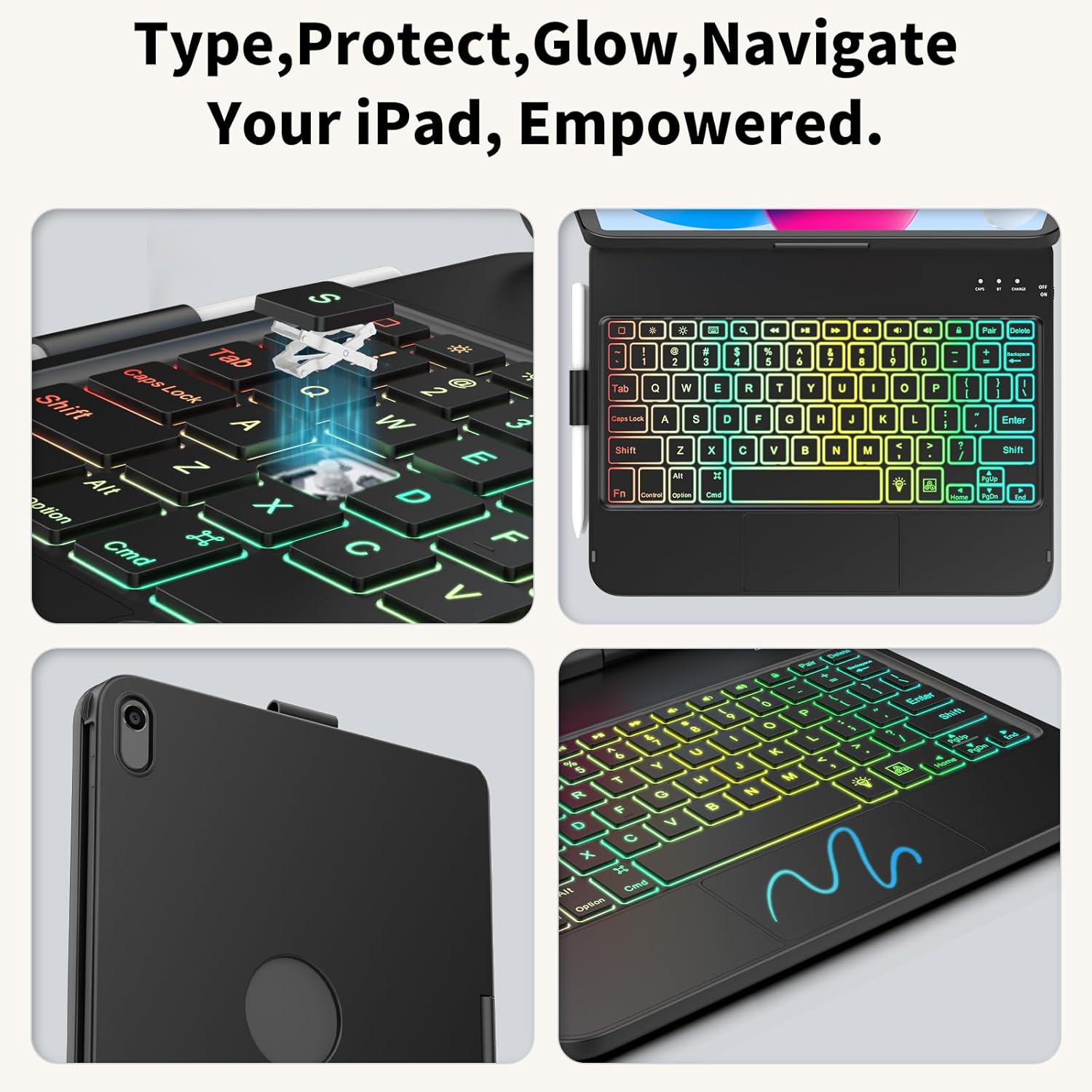 Touch Keyboard Case for iPad A16 11th Generation 2025/10th Generation 10.9 inch 2022,360° Rotatable for iPad 11th Generation Case with Keyboard- 10 Color Backlight Keyboard Case with Pencil Holder - Image 7
