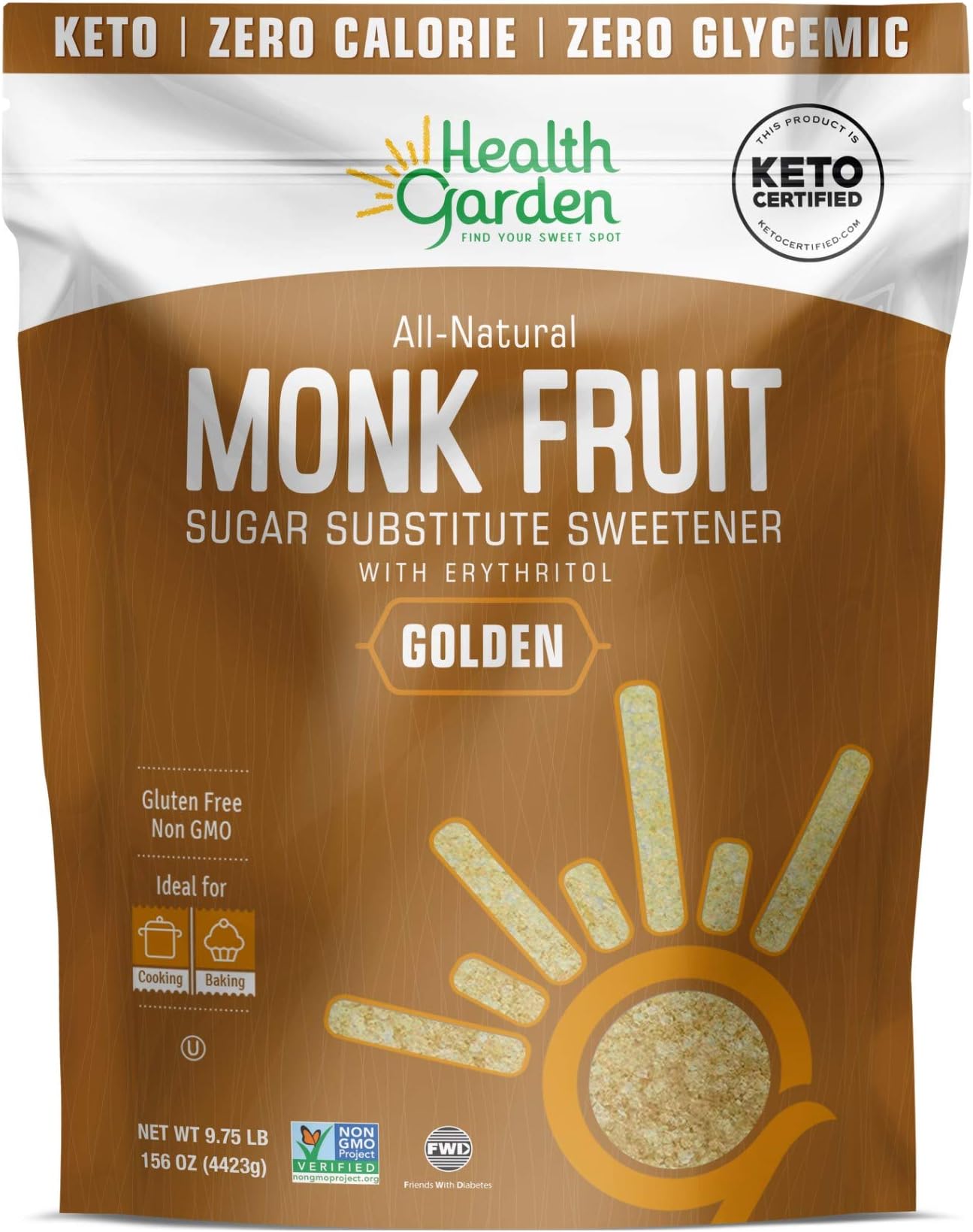 Health Garden Monk Fruit Sweetener, Golden- Non GMO - Gluten Free - 1:1 Sugar Substitute - Kosher - Keto Friendly (9.75 Lb)