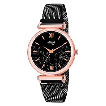New Black Flower Well Designing Dial Black Magnet Strap Woman Analog Watch for Girls & Womans