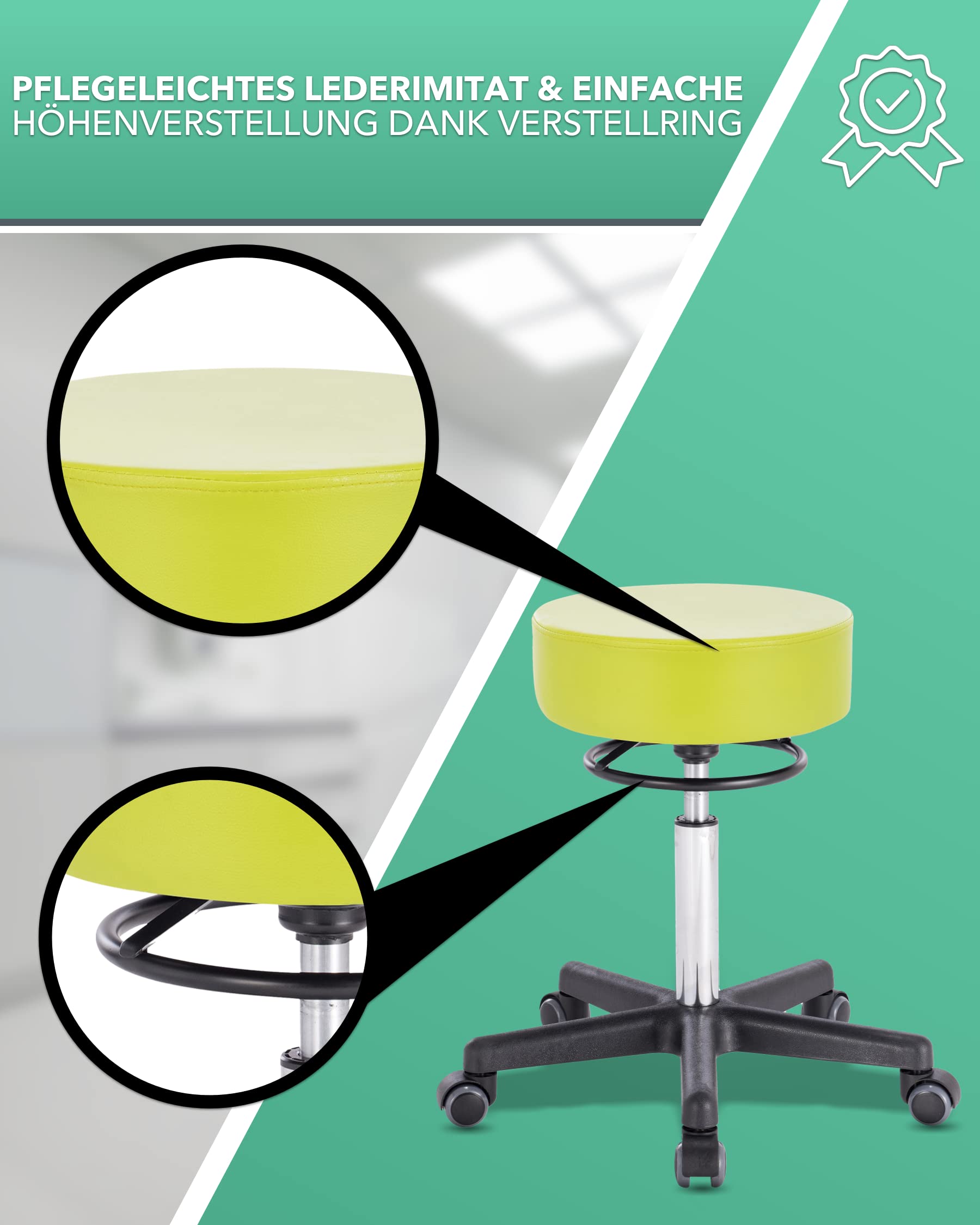 Profi Rollhocker Squash 35 Circle - ca. 51-71 cm Höhe - Drehhocker höhenverstellbar mit Verstellring - Praxis-Hocker und Arbeitshocker - Arzt-Hocker - Laborhocker mit Rollen Blau