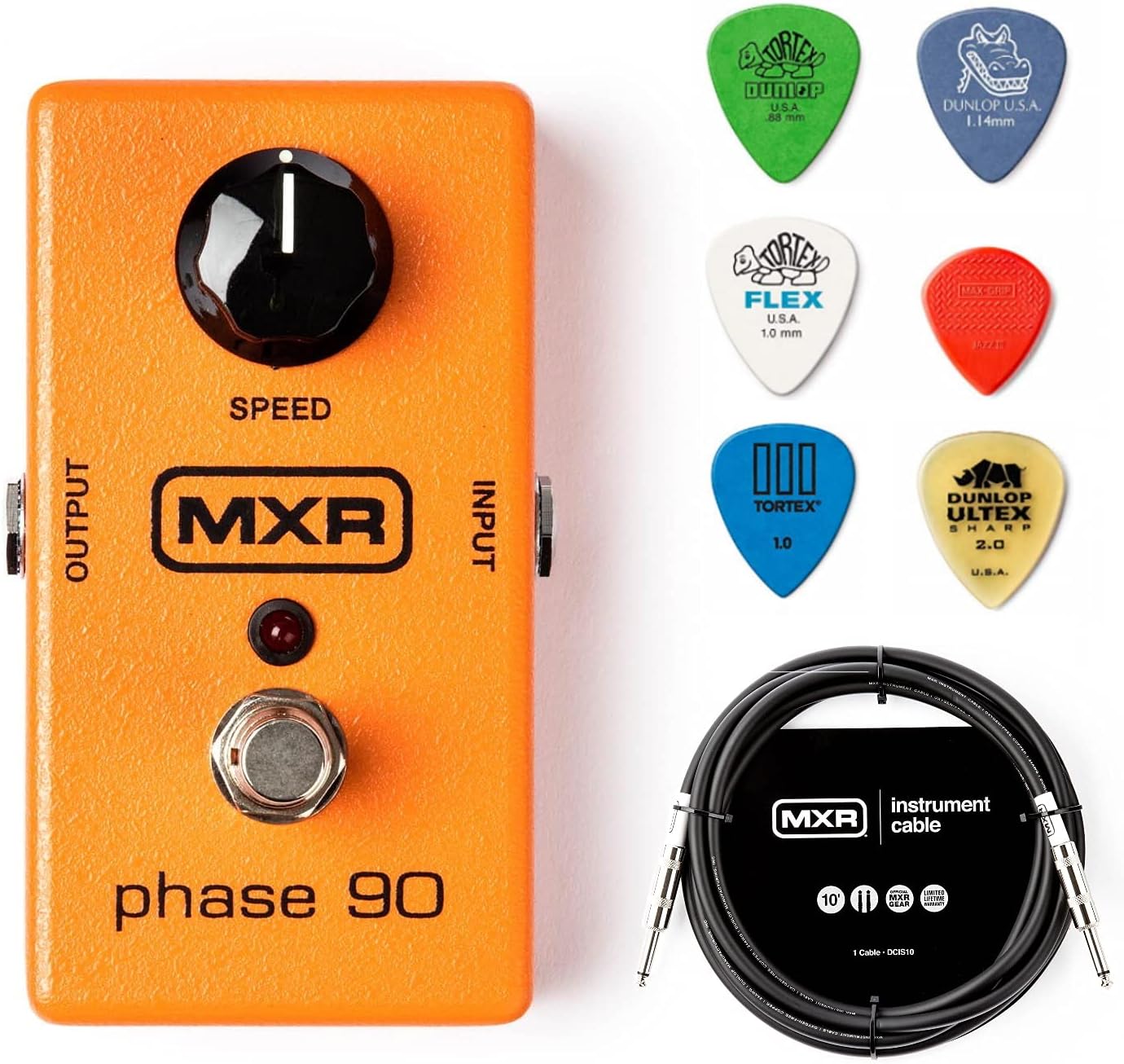 MXR M101 Phase 90 Effects Pedal Bundle with MXR Instrument Cable and 6 Assorted Dunlop Picks