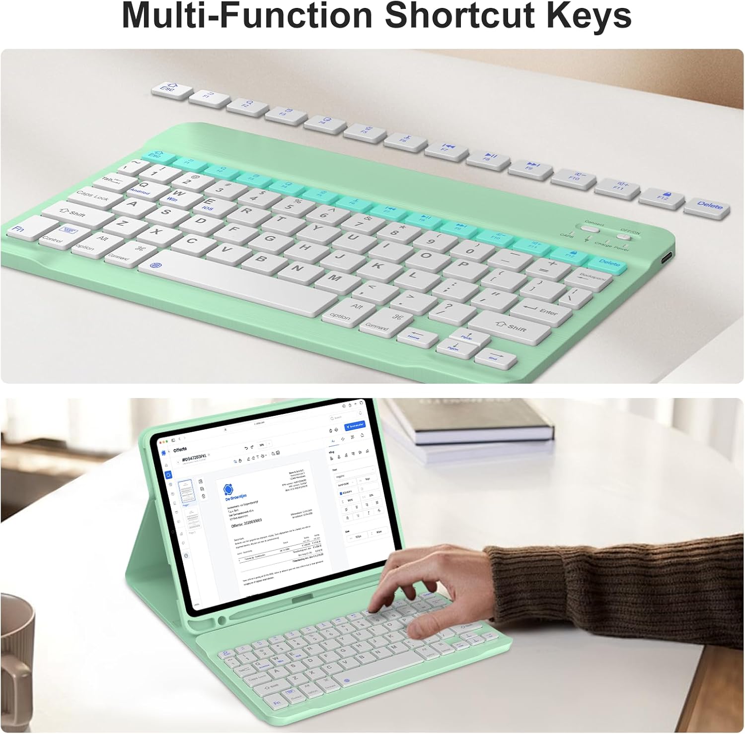 FOGARI Keyboard Case for iPad (A16) 11th/10th Generation (2025/2022),Wireless Bluetooth Keyboard, Stand Folio Keyboard Cover with Pencil Holder, Thin & Light,Light Green