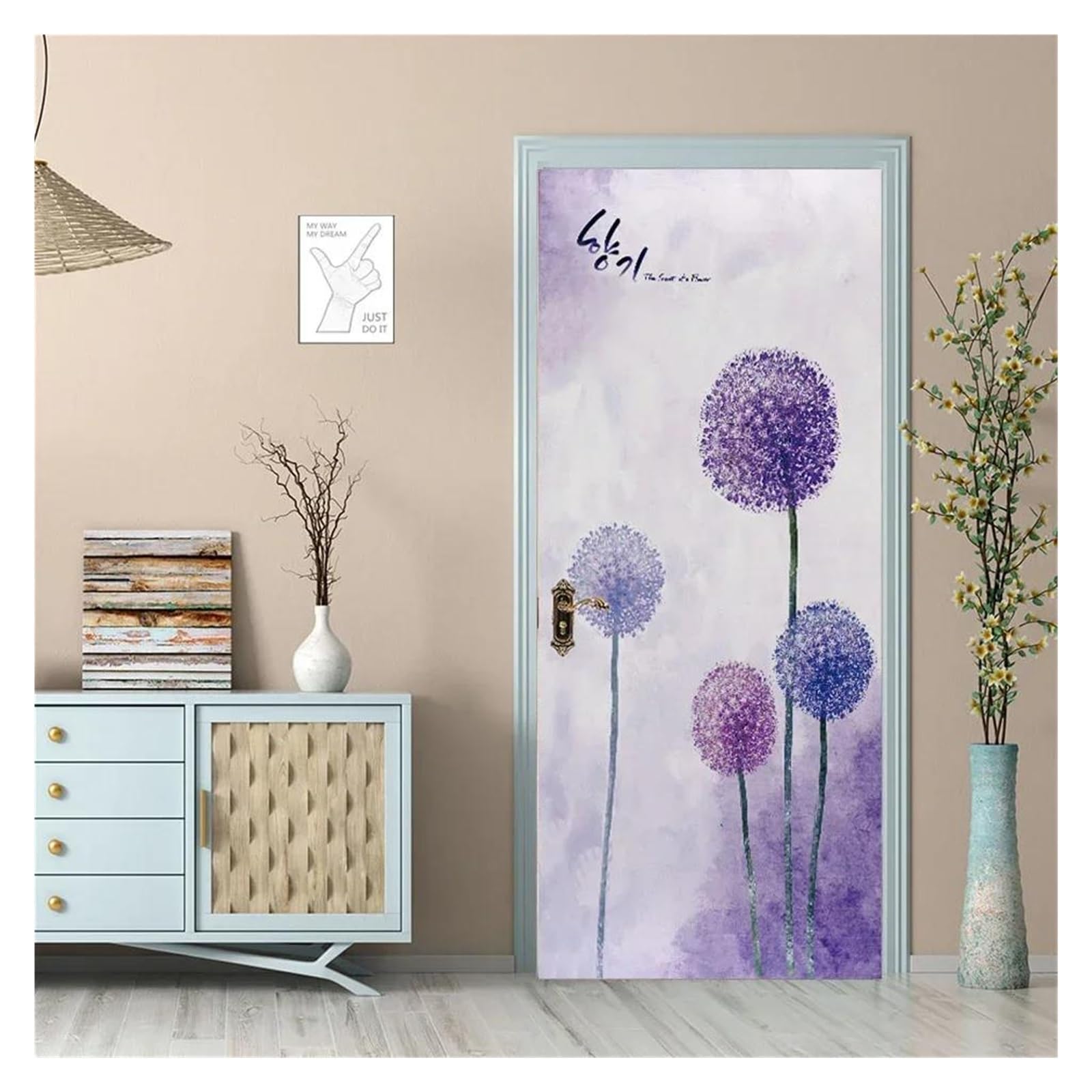 Sticker porte violet pissenlit pour embellir la chambre de votre fille
