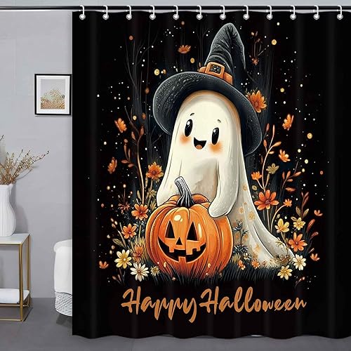 Cortinas de ducha de Halloween para baño, bonito juego de cortinas de baño de calabaza fantasma, cortina de ducha floral de otoño y otoño, tela