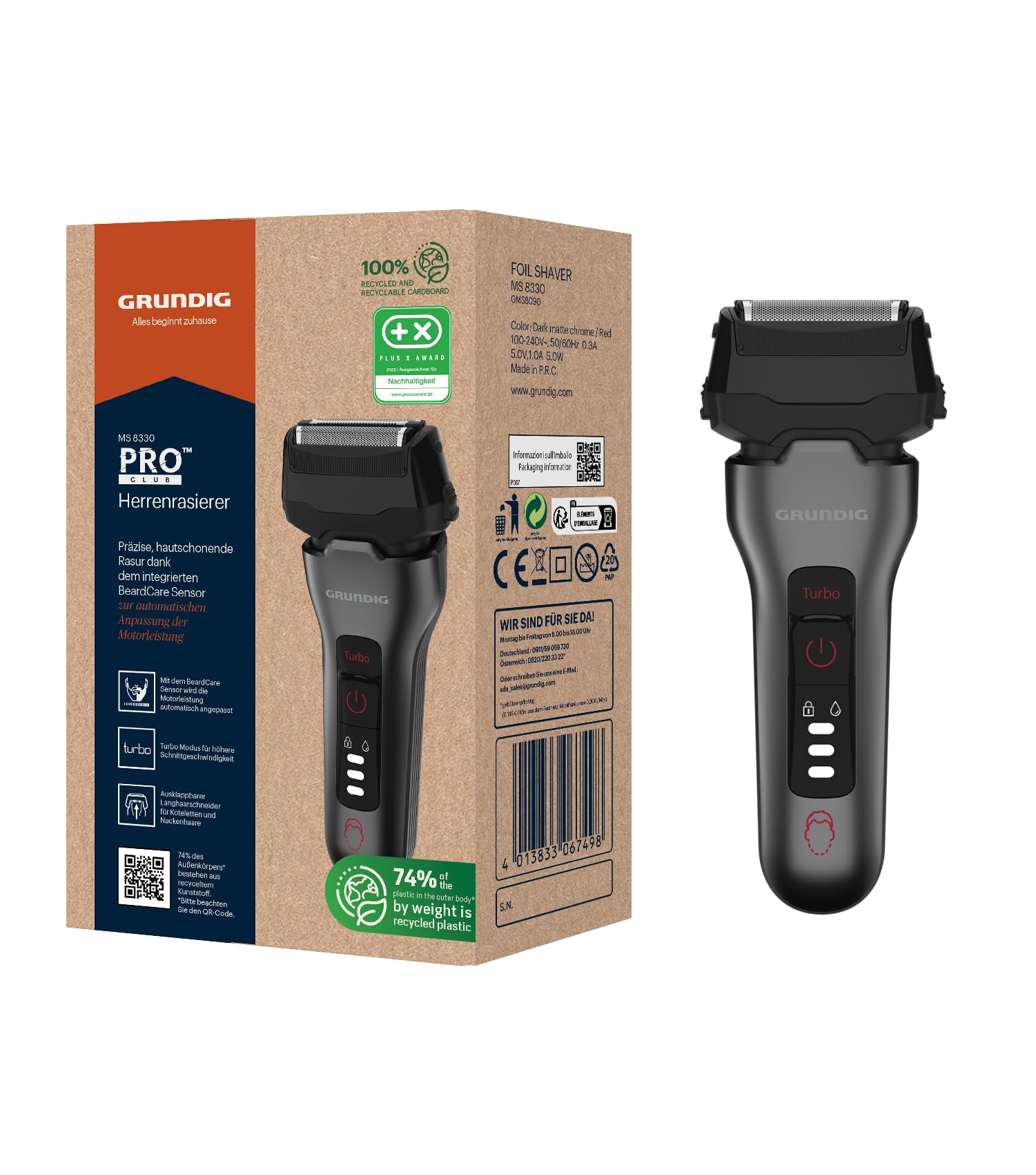 Grundig - MS 8330 Herrenrasierer - Akkubetrieb 60 Min. Laufzeit - 3fach Schneidsystem BeardCare Sensor Präzisions-Trimmer - Recyceltes Kunststoffgehäuse - Schwarz