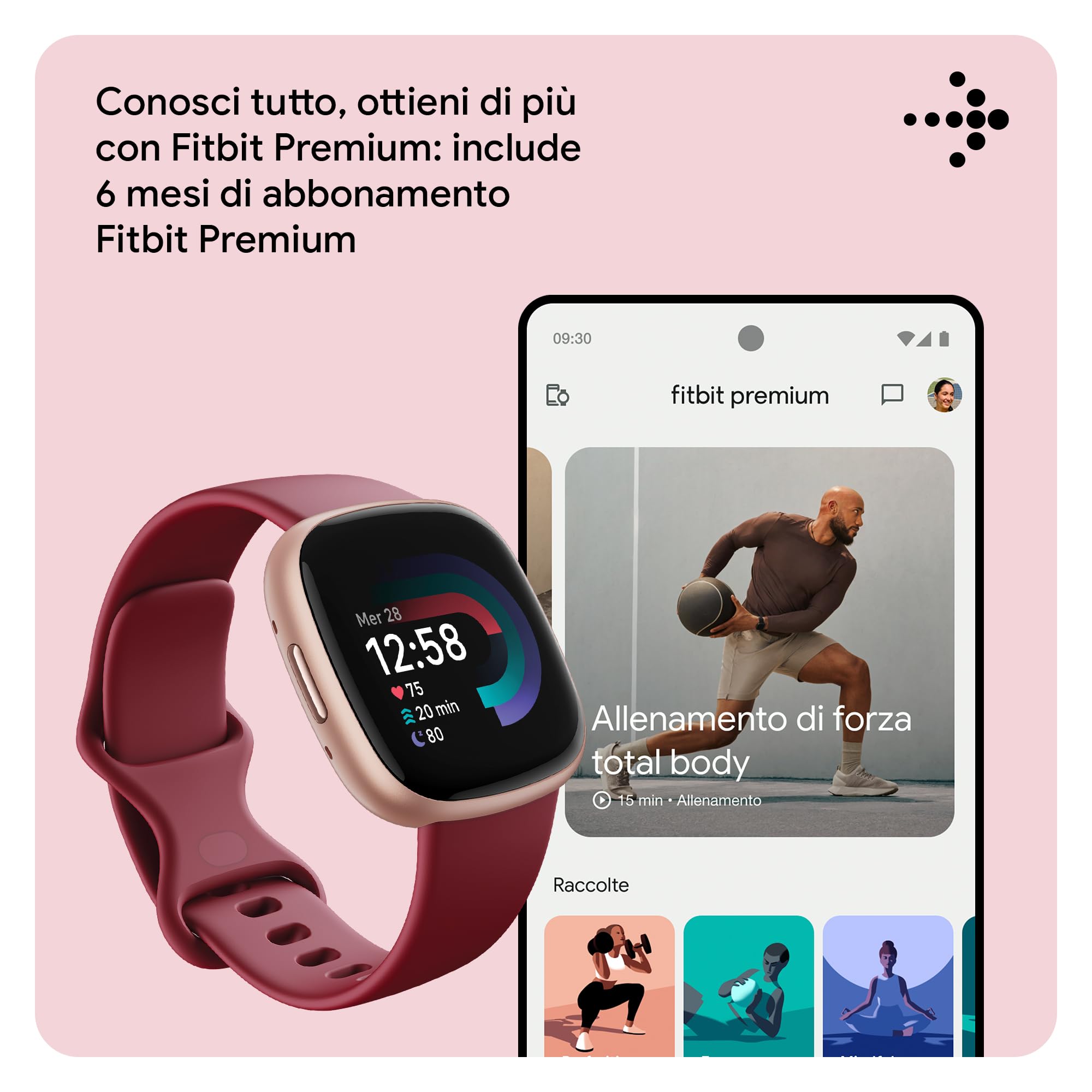Fitbit Versa 4 Smartwatch per il fitness con abbonamento Google Health Premium di 3 mesi incluso, fino a 6 giorni di autonomia e compatibile con iOS & Android, Rosso ciliegia / Alluminio rame rosa